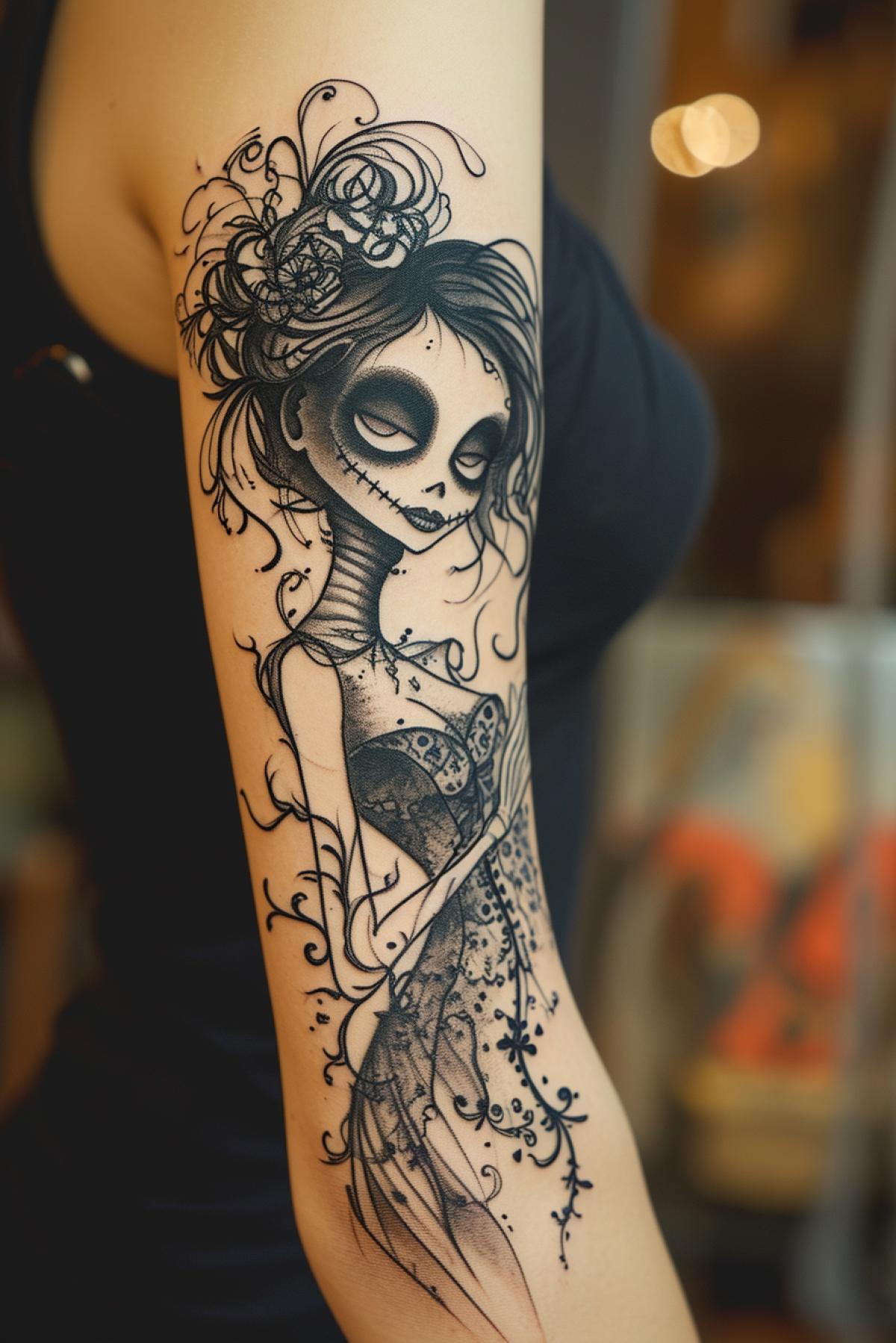 luxury tattoo in the style of director Tim Burton