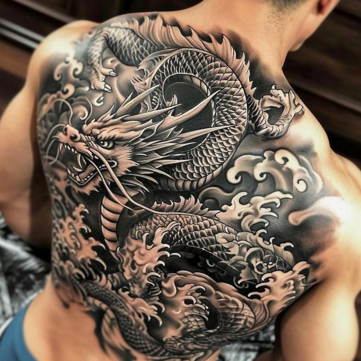 dragon tattoo on the entire back, head, back shoulders with a pattern of dragon scales, wings open, real ones went beyond the back