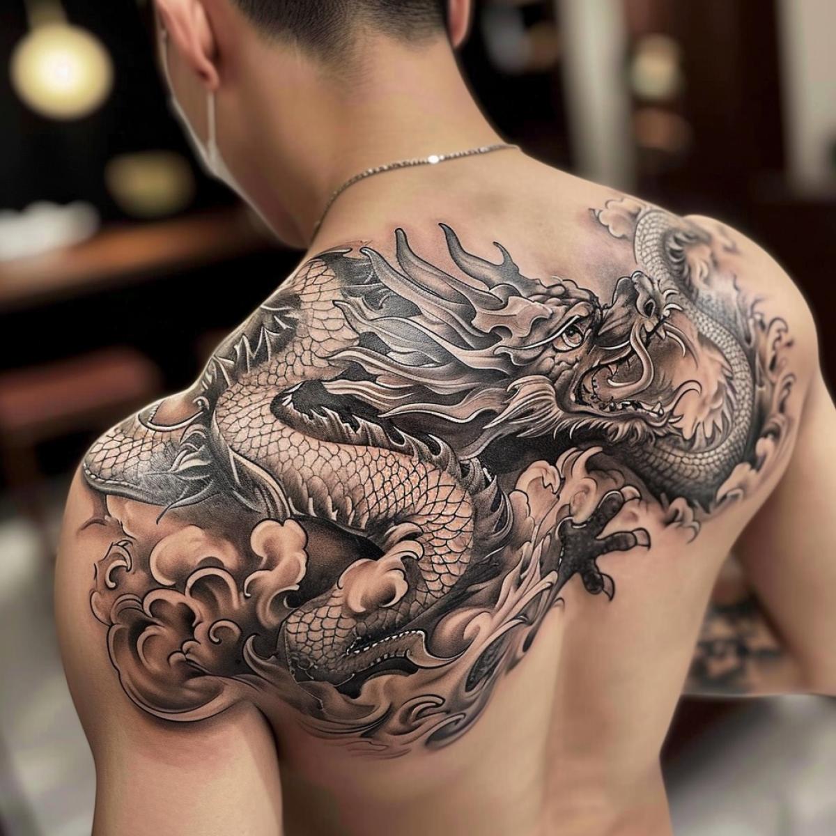 dragon tattoo on the entire back, head, back shoulders with a pattern of dragon scales, wings open, real ones went beyond the back
