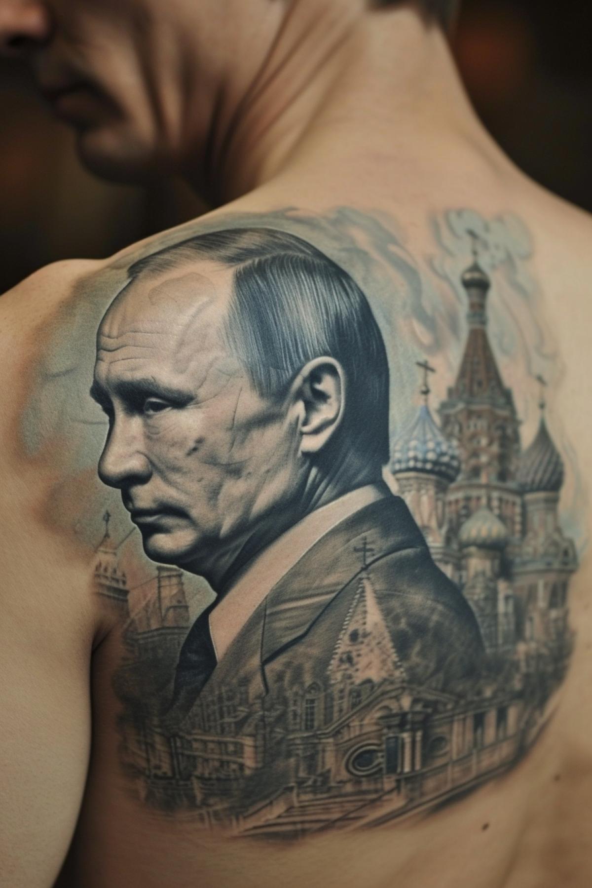 Tattoo picturing Vladimir Putin on the background of Russian orthodox church with seven domes blue lines detailed of handsome male model scenic light professional tattoo photo