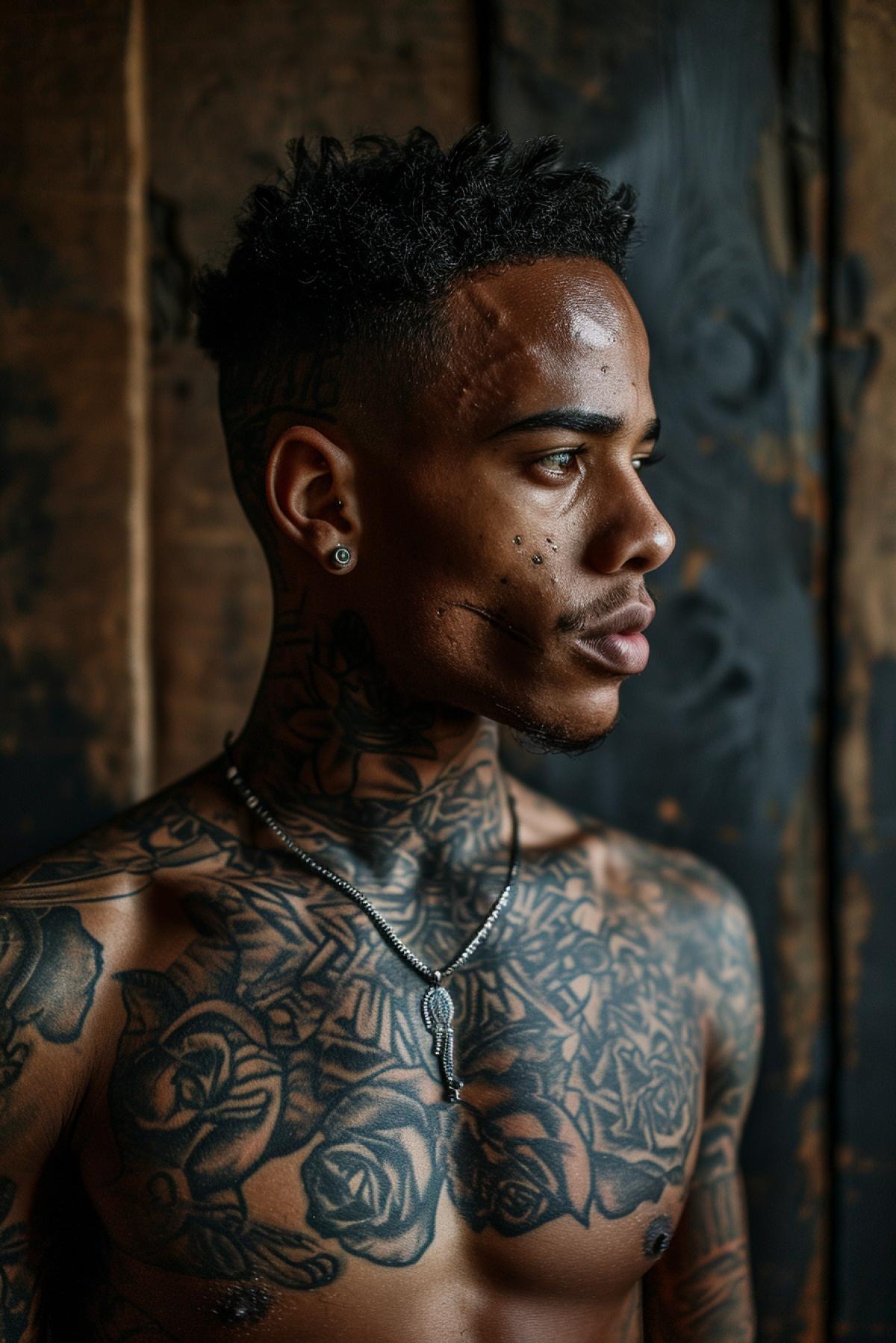 Tattoo and scarification wild rock music afro-American professional male model waste to neck zone scenic light professional tattoo portfolio photography