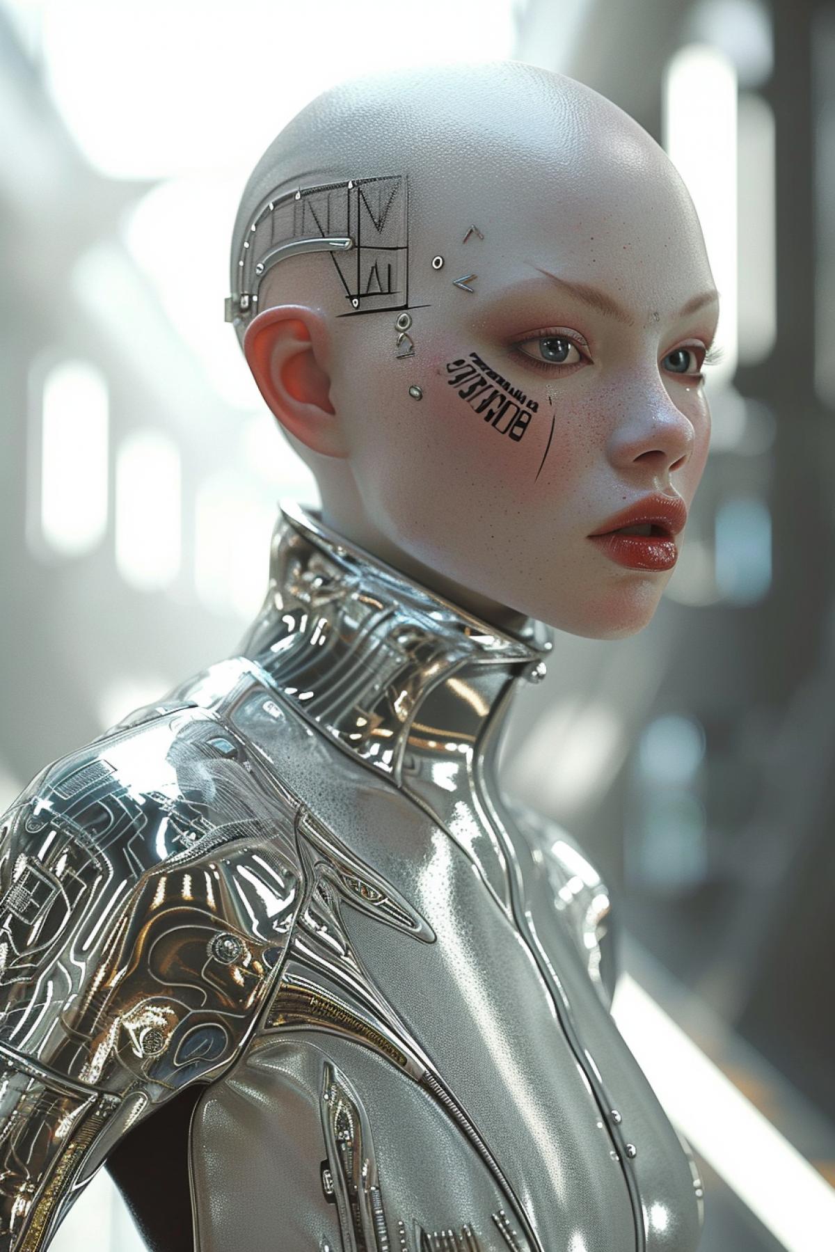 A realistic image of a bald Caucasian albino girl endowed with a tattoo resembling a barcode on her forehead. She is clad in a lavish futuristic outfit, particularly a shiny silver catsuit which perfectly suits her unique style. The background showcases a grey city that represents a stark, dystopian future. The girls face is a remarkable display of beauty, with her large, mesmerizing eyes and stunning red lips adding a mesmerizing touch to the overall picture. The image should imbibe a sense of exceptional photographic realism.