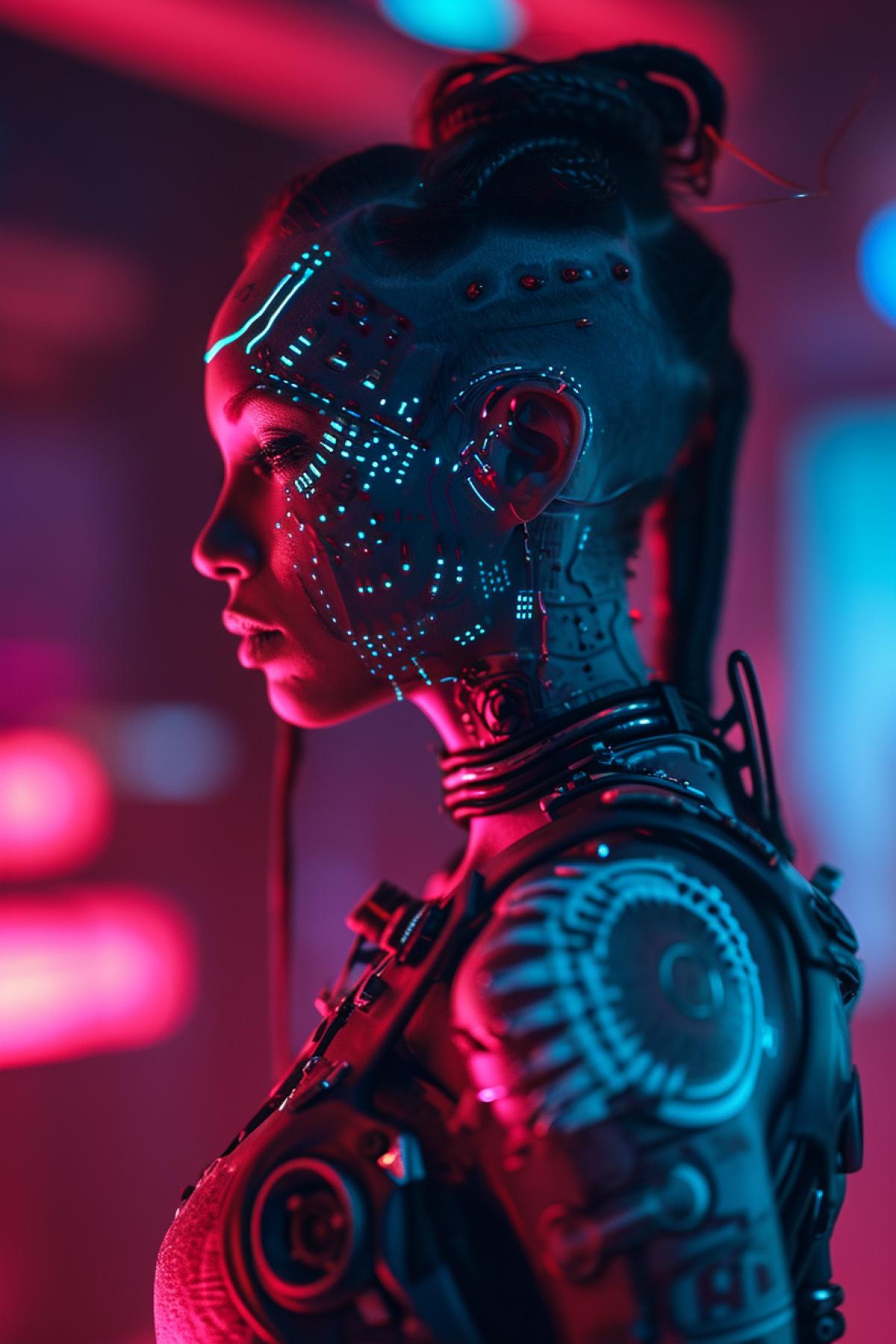 A photorealistic image of a cyberpunk-themed individual with a visible Hispanic descent. The person is female and her entire body is adorned with biomechanical tattoos that exhibit an attractive fluorescence. Shes dressed in eclectic and futuristic attire, capturing the essence of the cyberpunk aesthetic