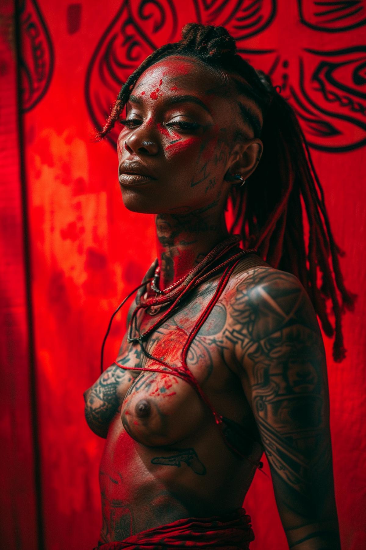 Tattoo and deep scarification rock music afro-American professional female model luxury abdominal zone red and white lines scenic light professional tattoo portfolio photography