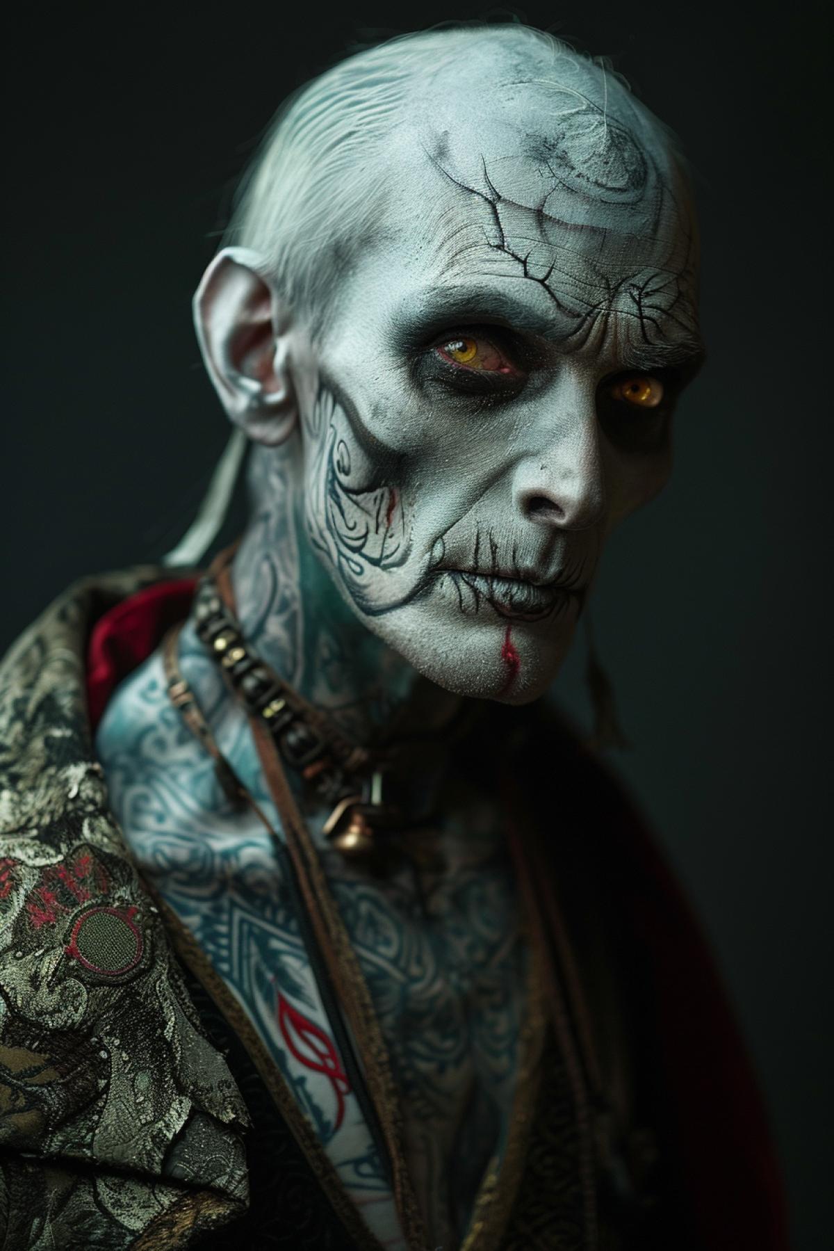 A striking, photorealistic image of a male vampire with a Caucasian descent, possessing an aesthetic that aligns with the gothic and horror genres. His body is adorned with tattoos resembling pulsating veins, adding an eerie yet intriguing element to his existence. The vampires features are sharp and his eyes glow with an undead life, marking him as a creature of the night. His attire is appropriate for the gothic aesthetic, consisting of intricate period clothing.