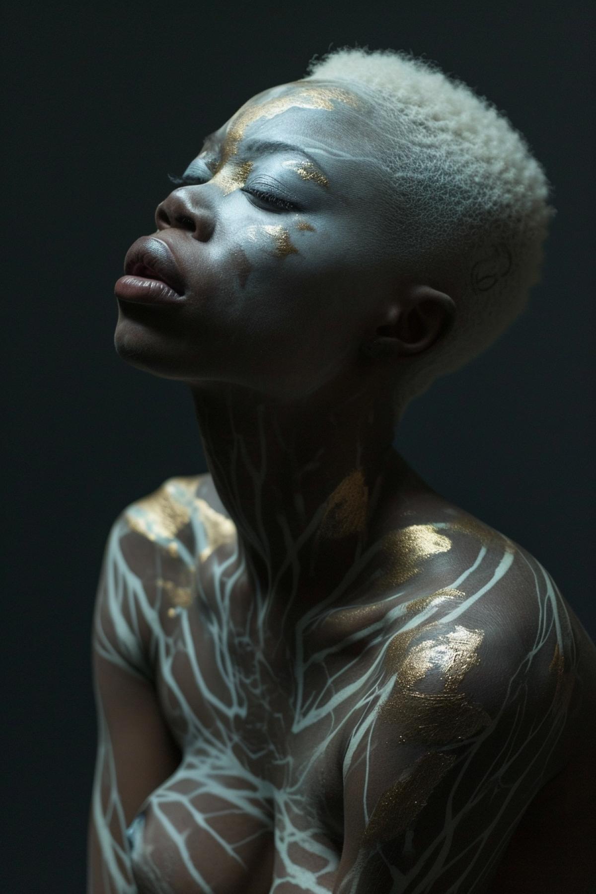 Afro-American albinistic female model with full colour tattoo of interstellar view beats and abdominal zone professional light professional tattoo photo