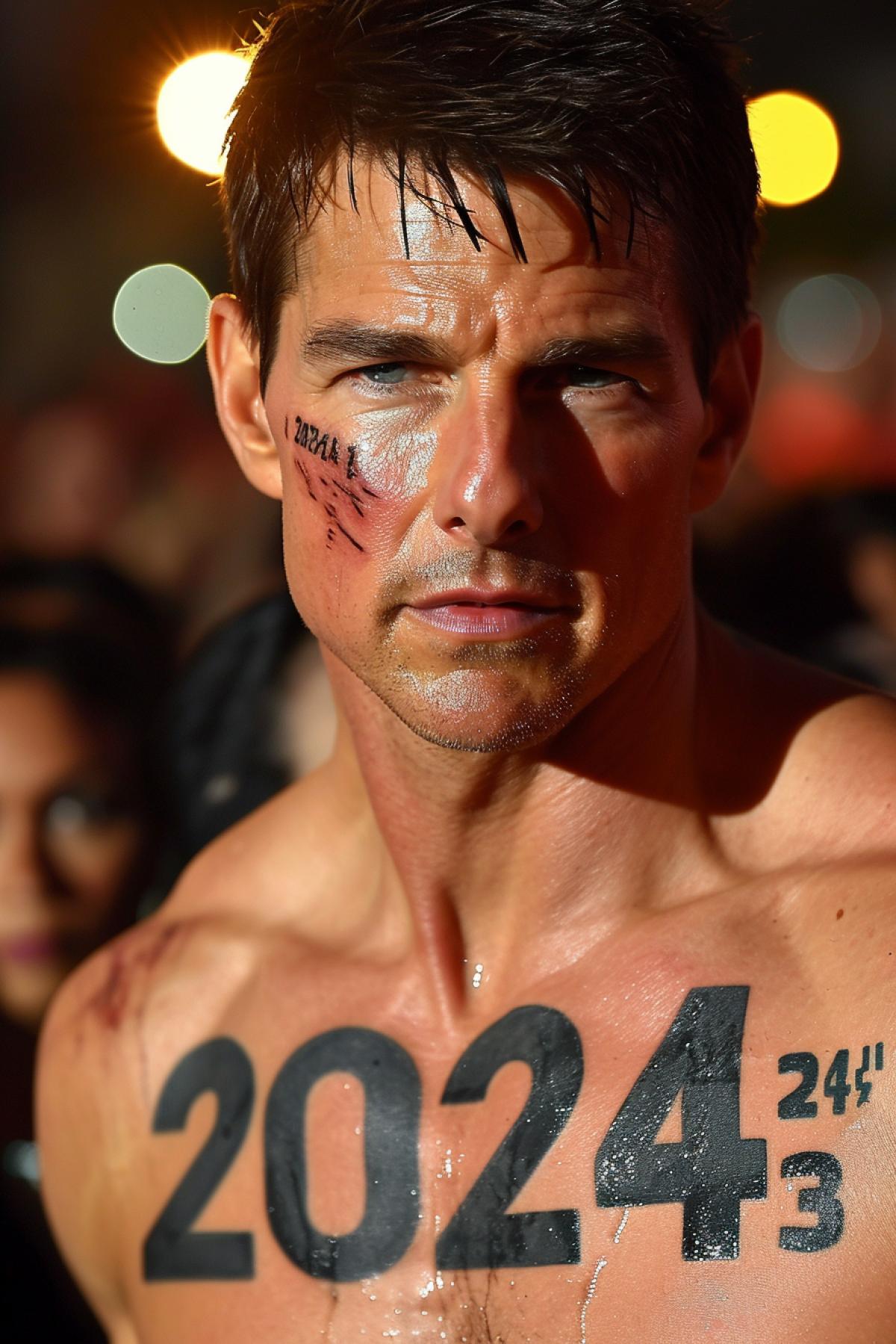 Tom Cruise with \"2024\" tattooed in big letters on his body