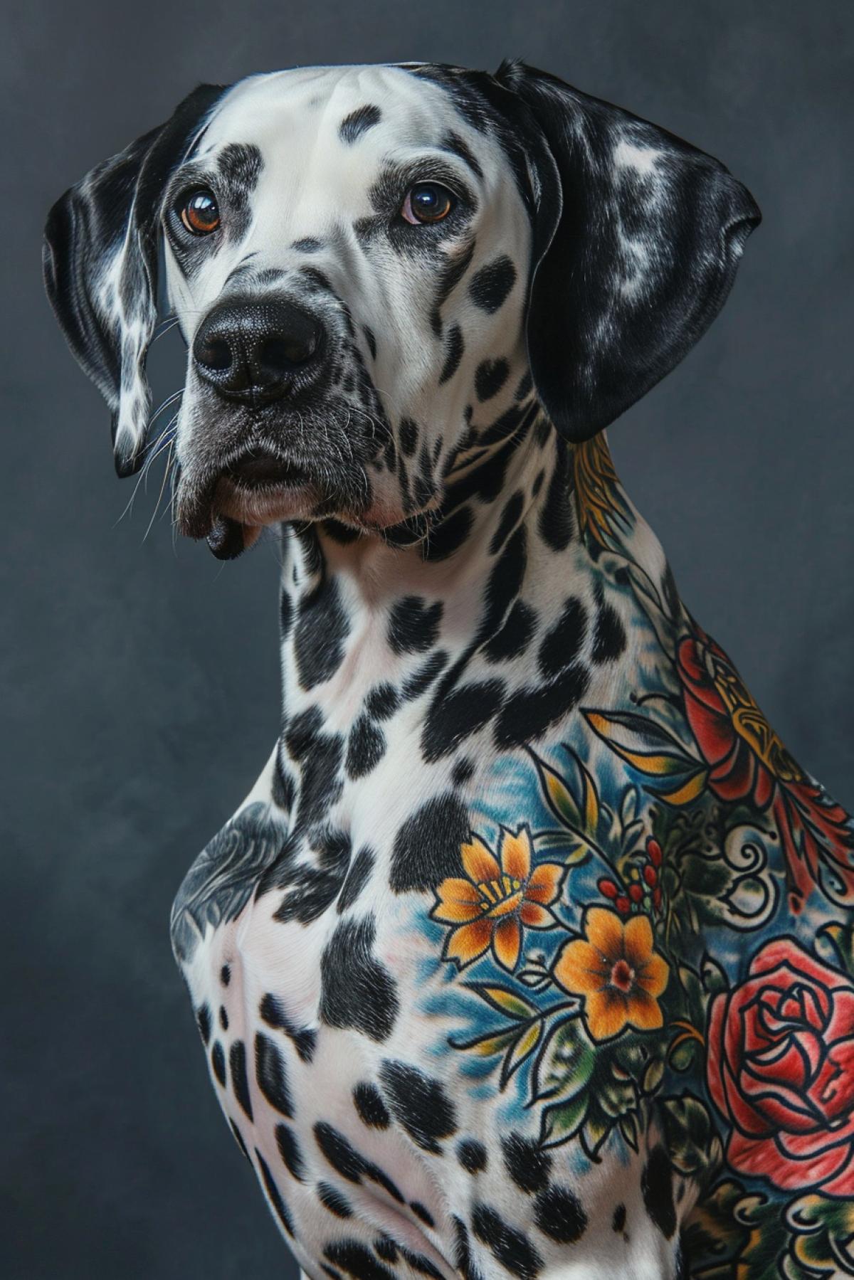 A detailed image of a Dalmatian dog, known for its distinctive dark and white spots, but with an unique twist. The Dalmatian is adorned with a variety of tattoos, displaying intricate designs and patterns. These tattoos should reflect the popular styles seen in human tattoo art, but are artistically applied on the Dalmatians fur coat, without causing any harm to the animal. The image should show the Dalmatian poised, showcasing its decorated body with a sense of pride and individuality.
