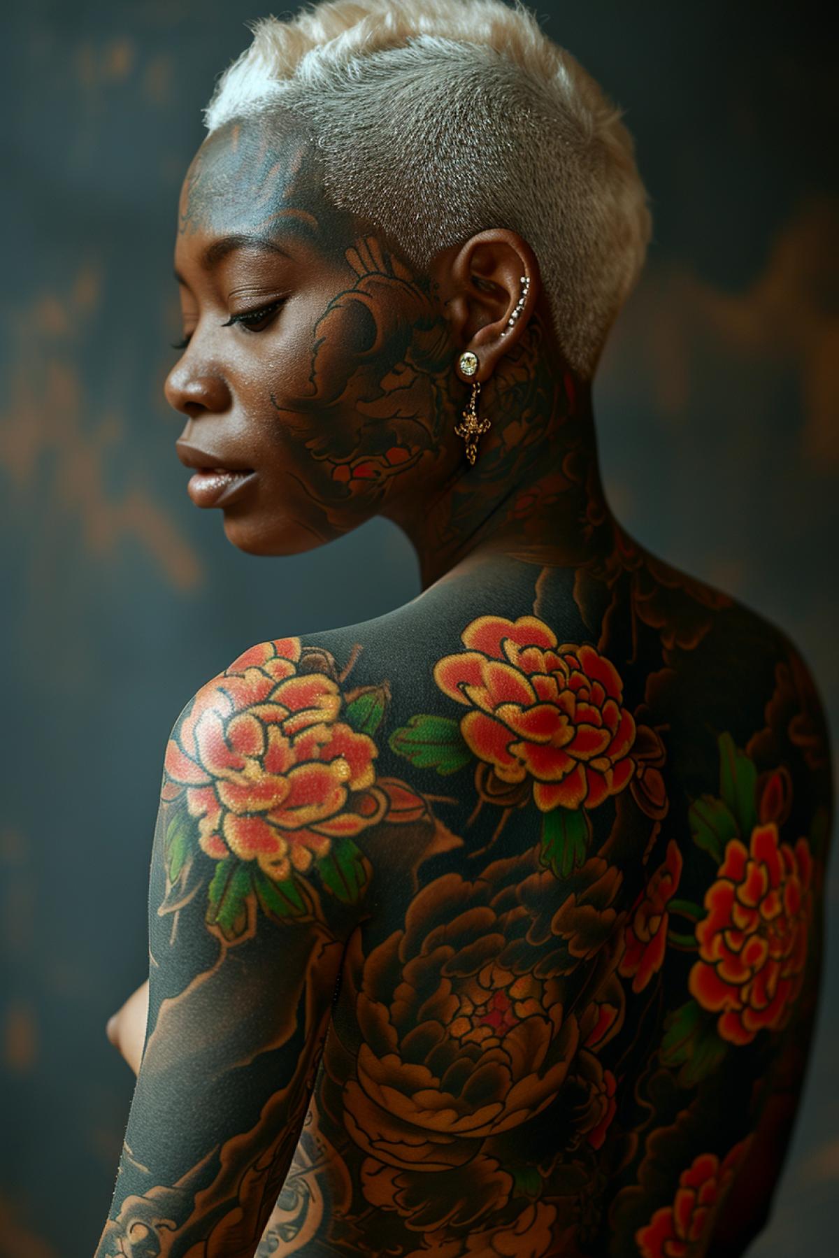 Afro-American albinistic female model with full colour tattoo of interstellar view luxury and abdominal zone professional light professional tattoo photo