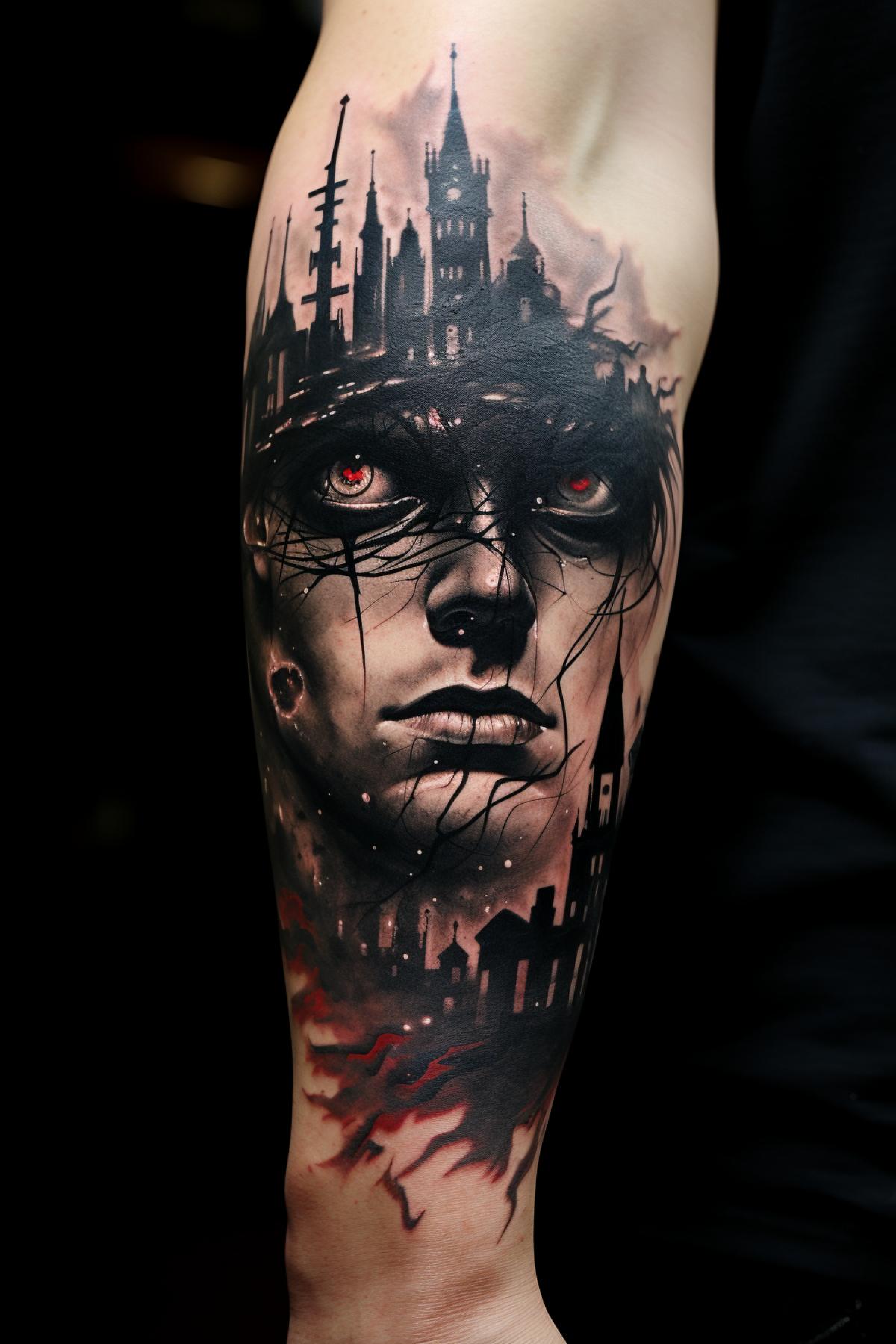 Tattoo of a big city on half the body on a man with smoke filled dark eyes