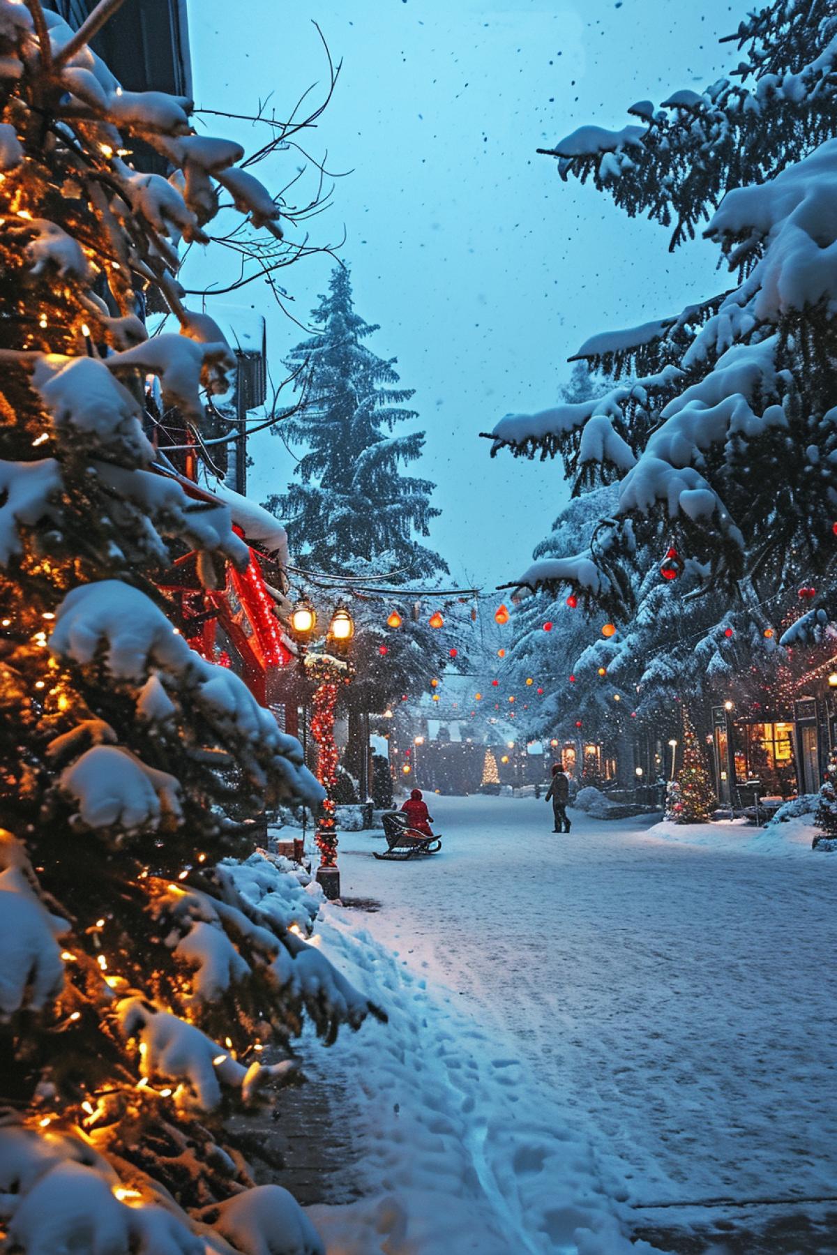 Snow-covered village square at dusk, vibrant Christmas lights on fir trees, happy children sledding, soft gleam of candles from windows, gentle snowfall, festive atmosphere, Victorian era, warm and cozy.