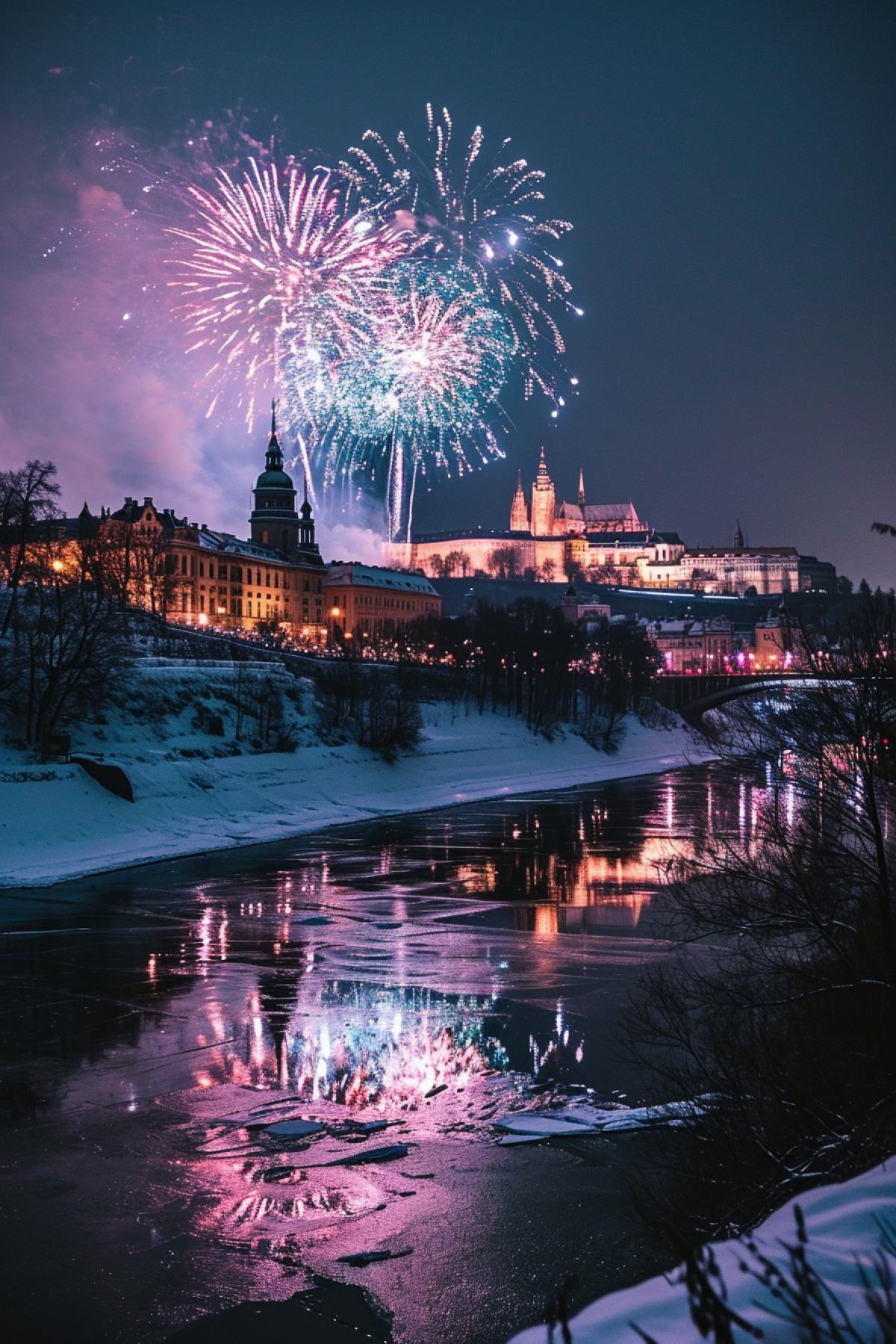 Crystal clear night sky, fireworks bursting in brilliant colors above an ancient castle, a frozen river reflecting the display, families wrapped in warm clothing, cheerful, timeless celebration, deep blue and silver palette.