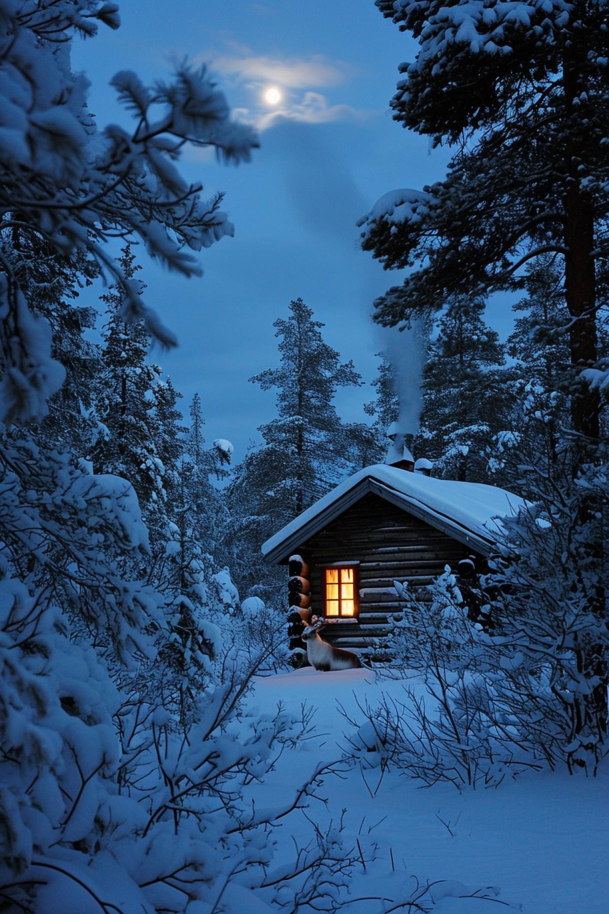 Serene snow-covered forest, a log cabin with smoke rising from chimney, a reindeer peeking through the trees, ground softly illuminated by the full moon, peaceful and silent night, simple elegance, natural whites and greens dominance.