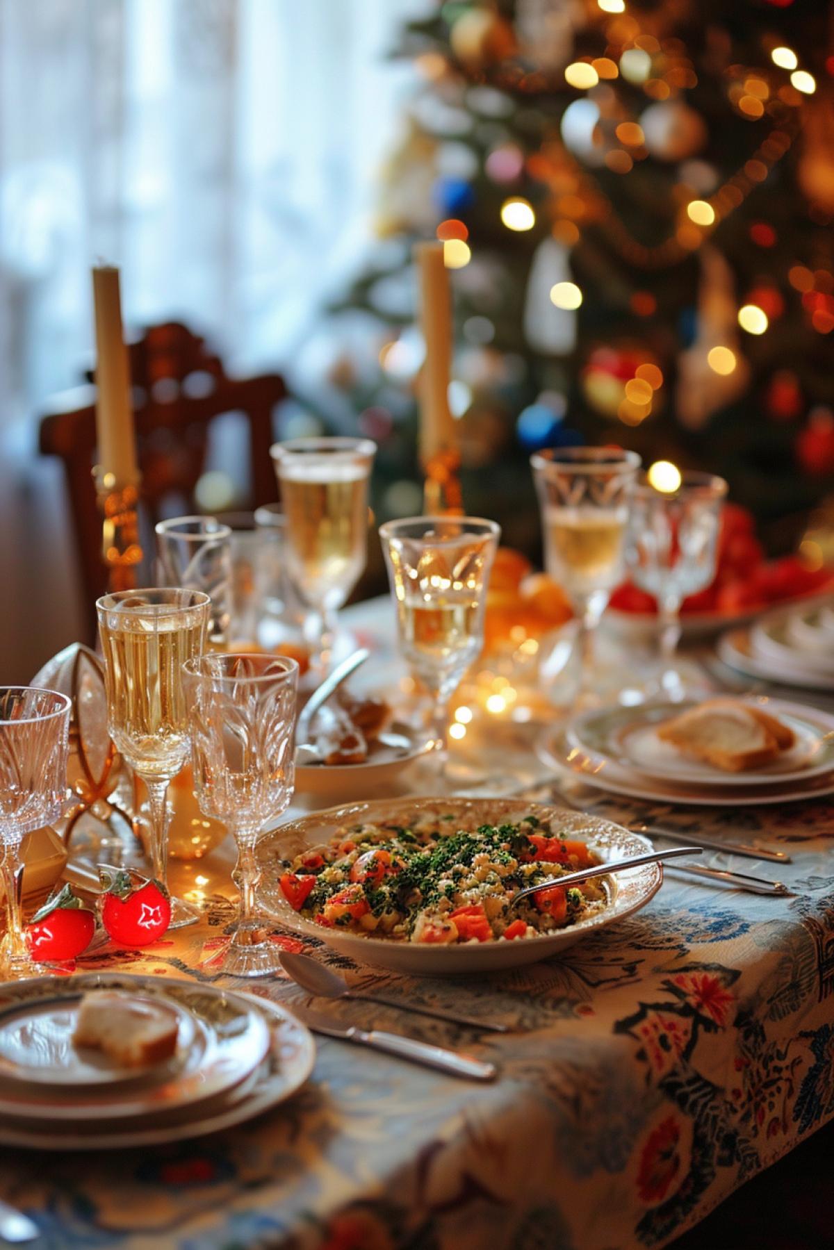 Traditional Russian New Year table, Olivier salad center, Dressed Herring dish, crystal glasses of Kvass, golden champagne, warmly lit room, ornately decorated fir-tree corner, family toasting