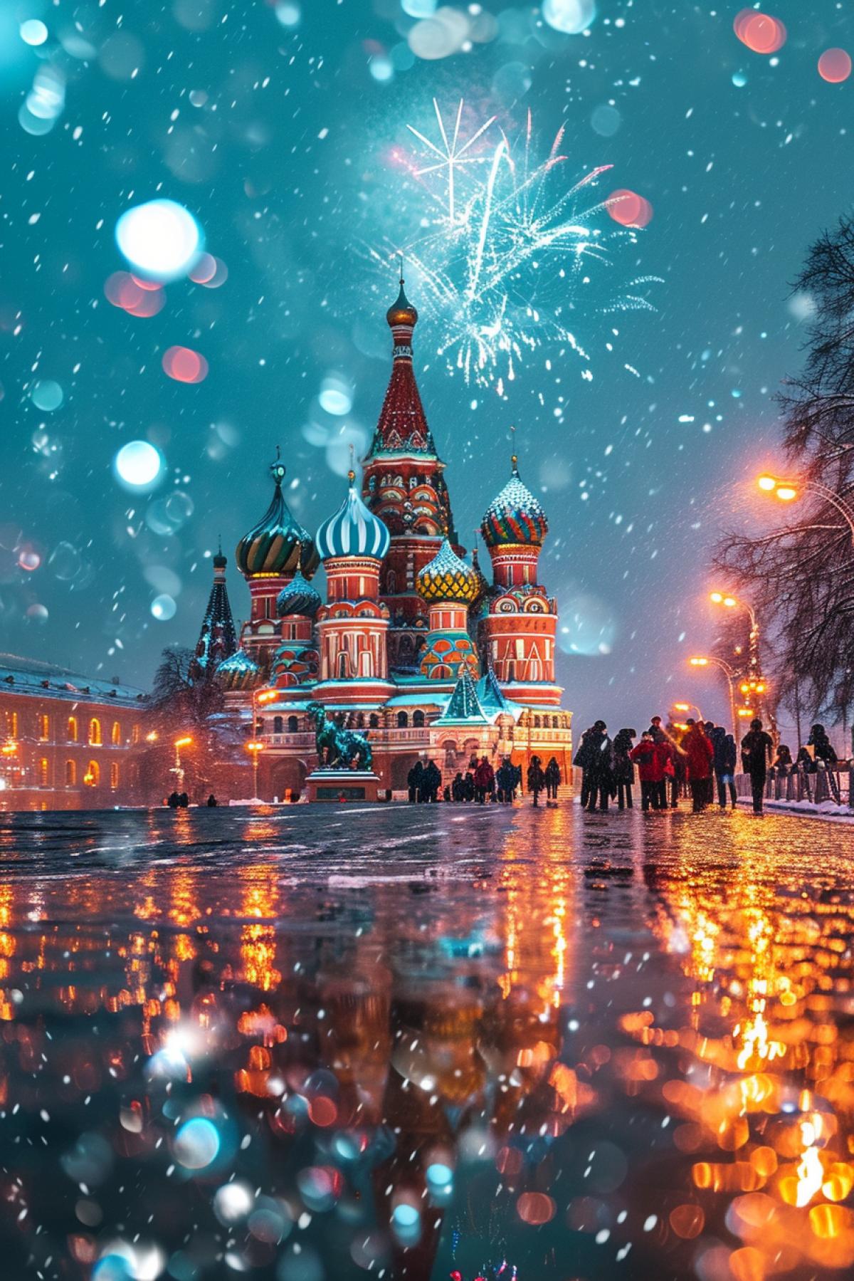 Festive Moscows Red Square during New Years Eve, snow-covered St. Basils Cathedral, vibrant fireworks display in sky, laughing people with sparklers, soft glow of street lanterns, reflections on icy ground.