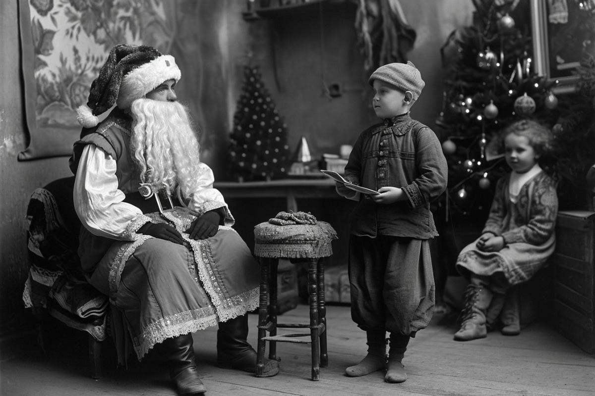 A little boy stands on a stool and recites poems to Santa Claus and Snow Maiden. Cute vintage photo.