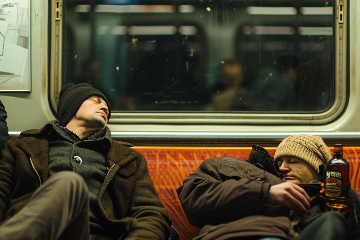 Drunk people sleep in the Moscow metro, around an alcohol bottle, photorealism