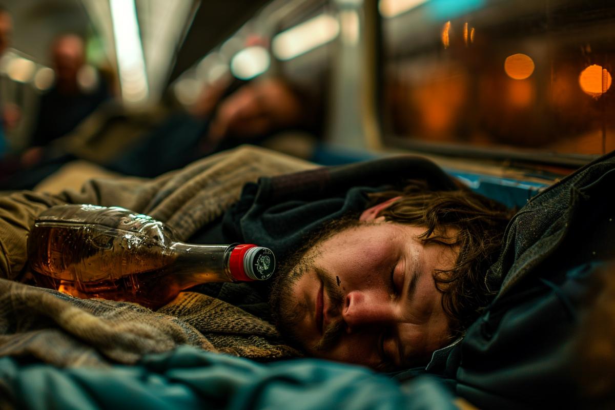 Drunk people sleep in the Moscow metro, around an alcohol bottle, photorealism