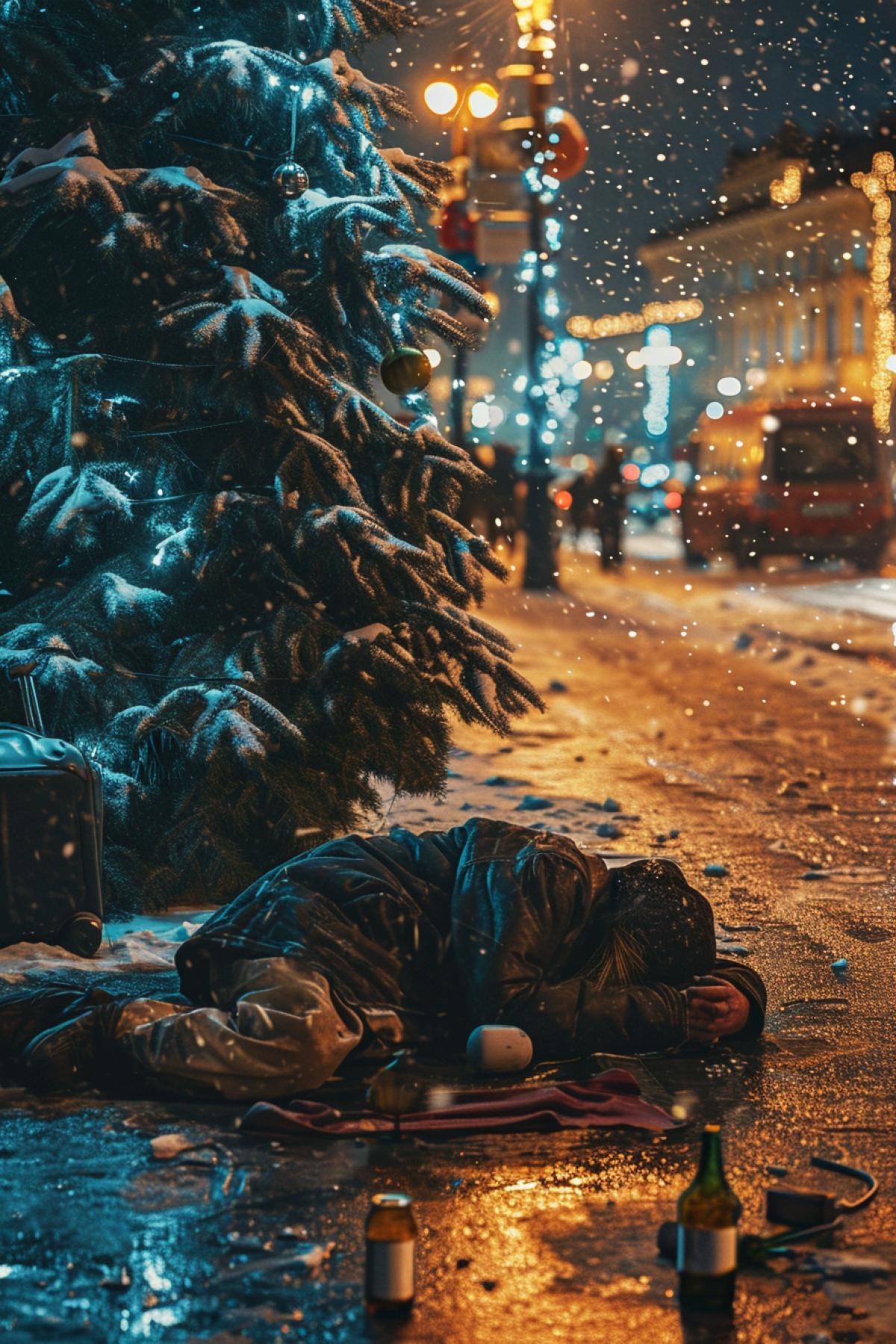 A drunk man vomits under a New Year tree on the street in Moscow, photorealism