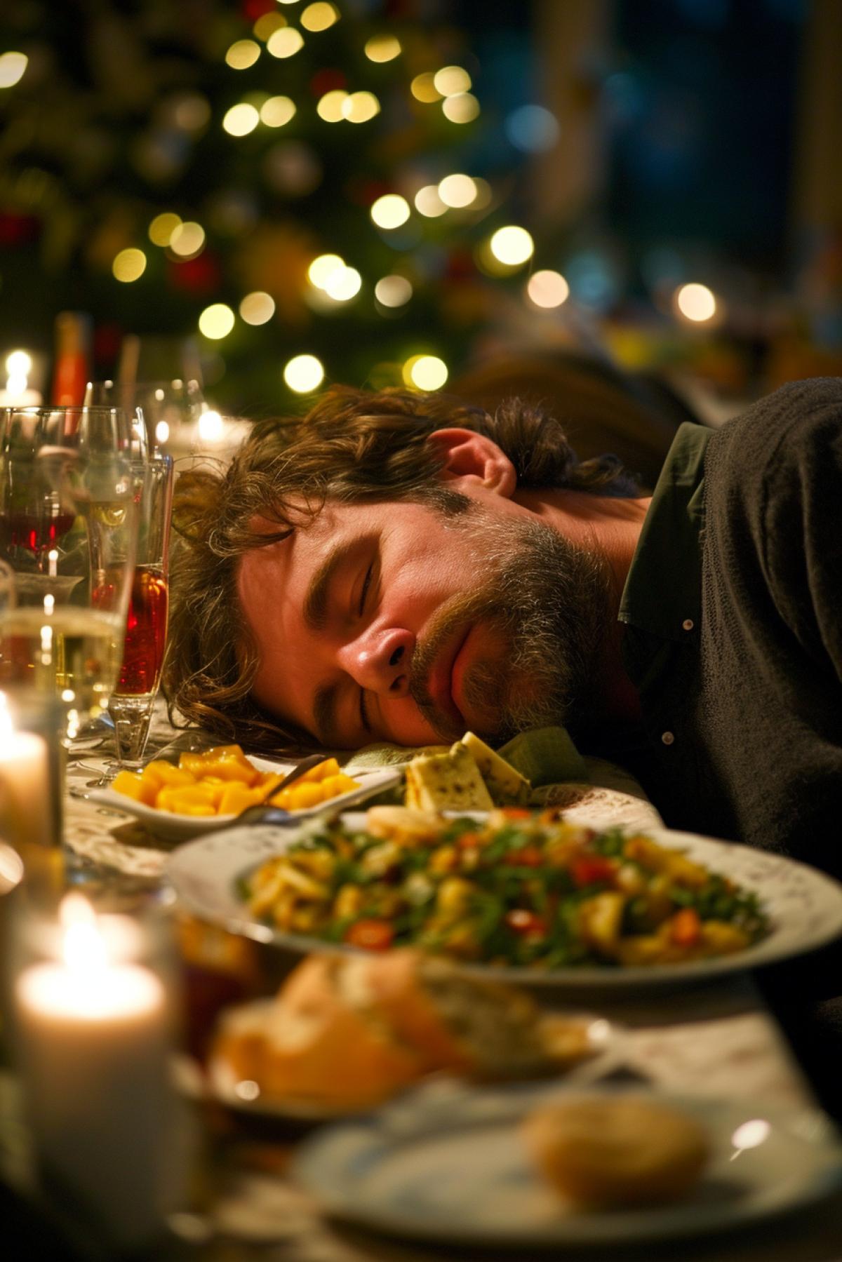 A drunk man at the New Years table in Russia sleeps with his face in Olivier salad