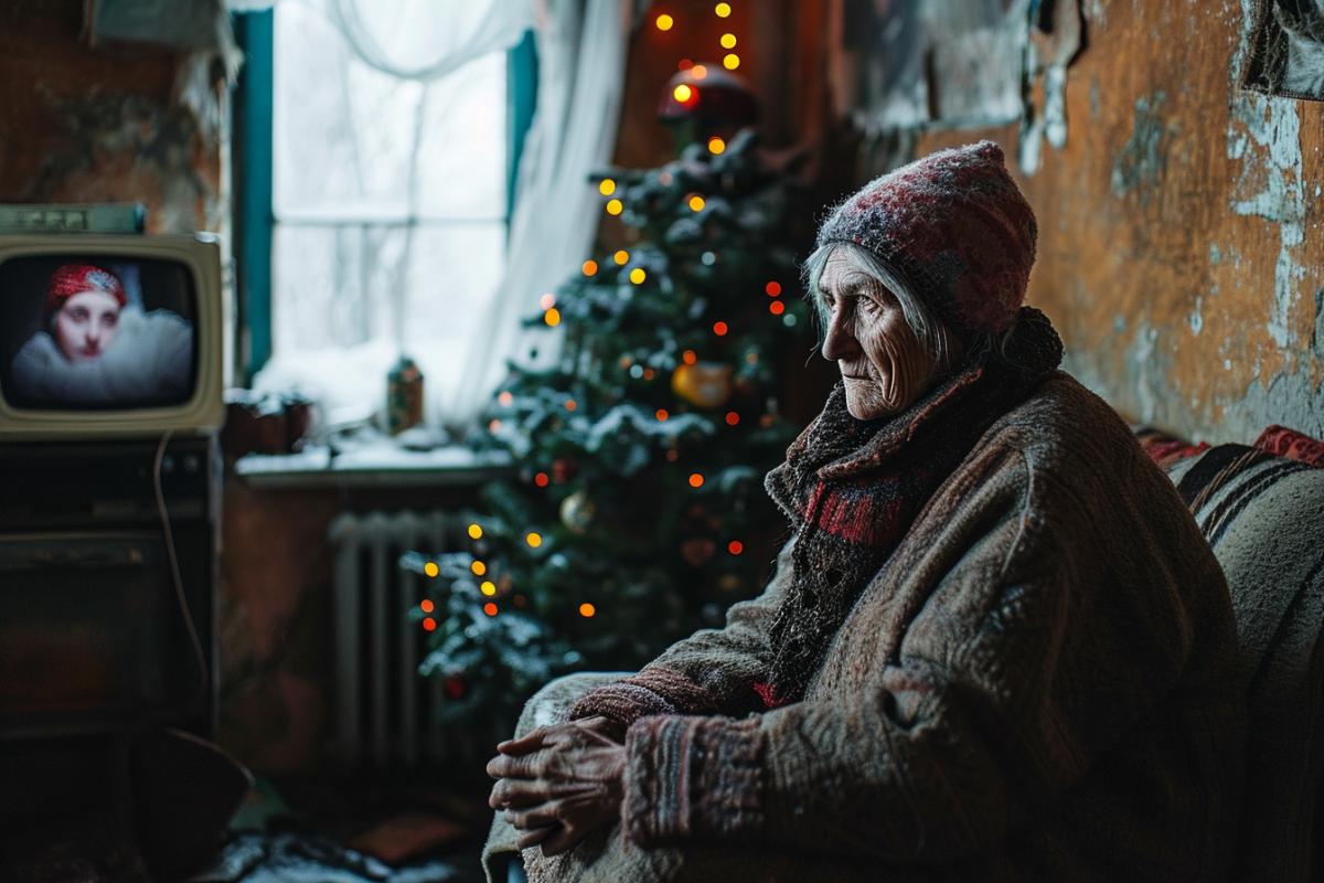 Sad people watch TV on New Years Eve in Russia, hopelessness, decay, photorealism, poverty