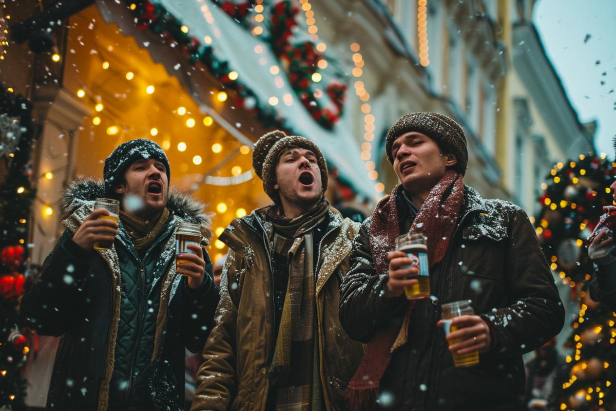 Drunk disgusting young men with alcohol having fun and rowdy on the street in Moscow on New Years Day, photorealism, New Years decorations around