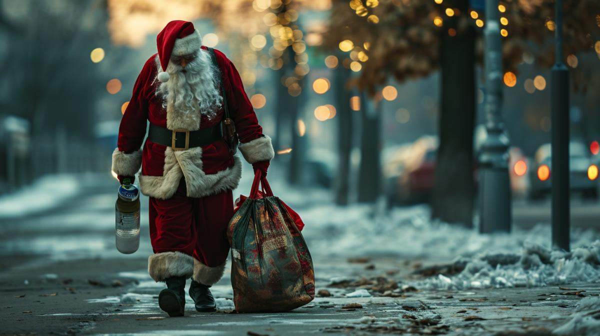 A tired Santa Claus walks along the morning New Years street and drags an empty bag of gifts along the ground behind him, holding an empty bottle in his other hand.