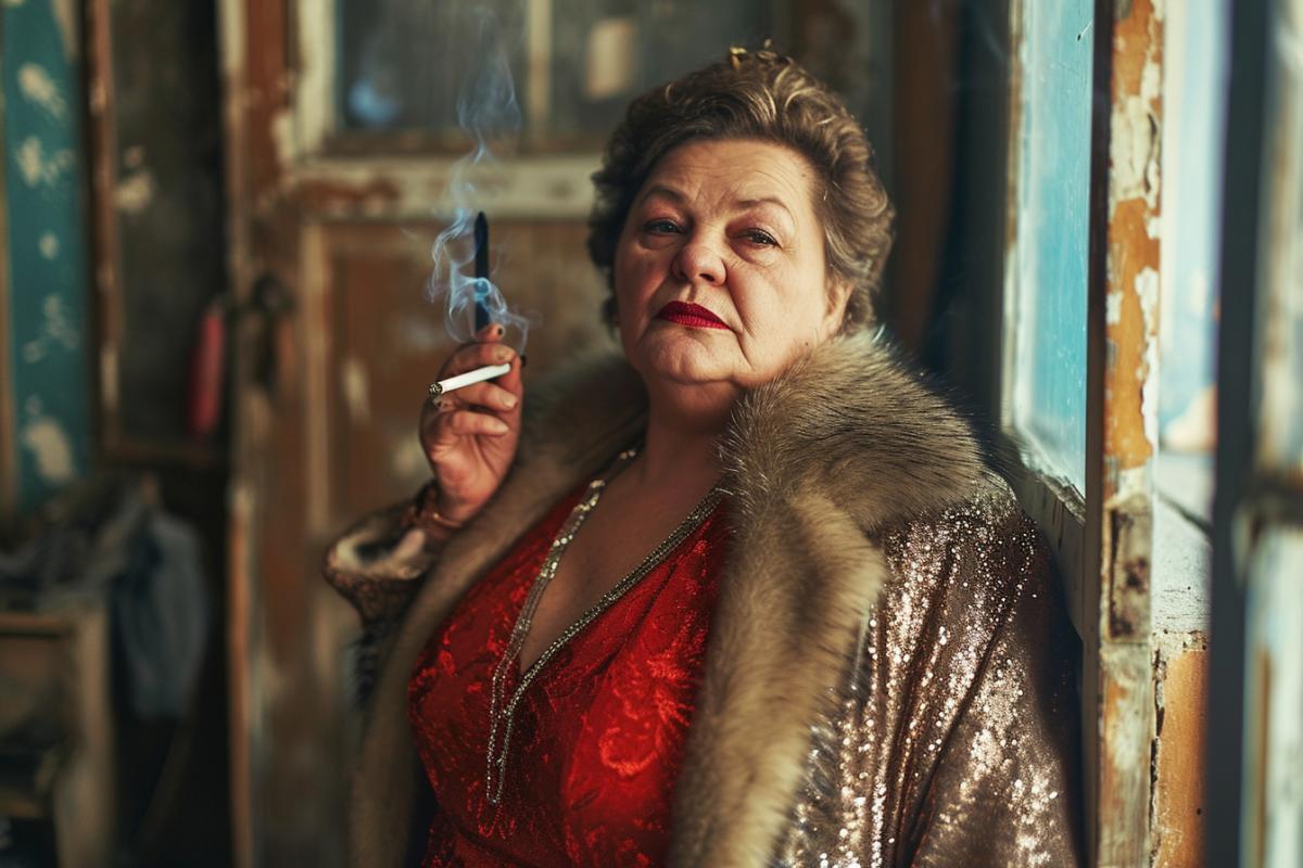 A luxury plump woman with bright makeup smokes on New Years Day in a shabby Russian entrance, dressed tastelessly in a shiny dress, a fur coat and slippers, in full length