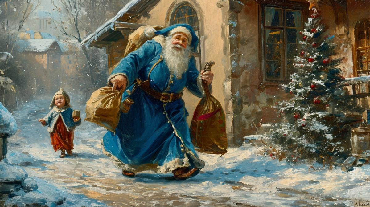 A tired Russian Santa Claus, dressed in a blue coat that reaches the ground, walks along the morning New Years street and drags an empty bag of gifts along the ground behind him, holding an empty bottle in his other hand. His granddaughter, the Snow Maiden, is walking nearby.