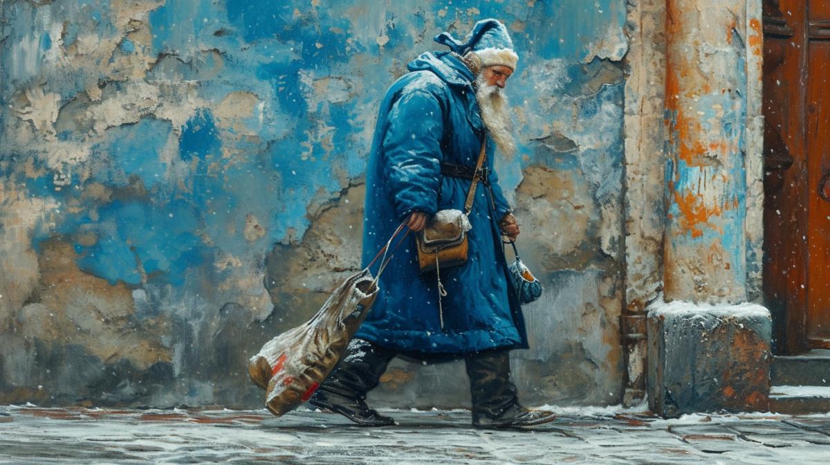 A tired Russian Santa Claus, dressed in a blue coat that reaches the ground, walks along the morning New Years street and drags an empty bag of gifts along the ground behind him, holding an empty bottle in his other hand. The Snow Maiden is walking nearby.