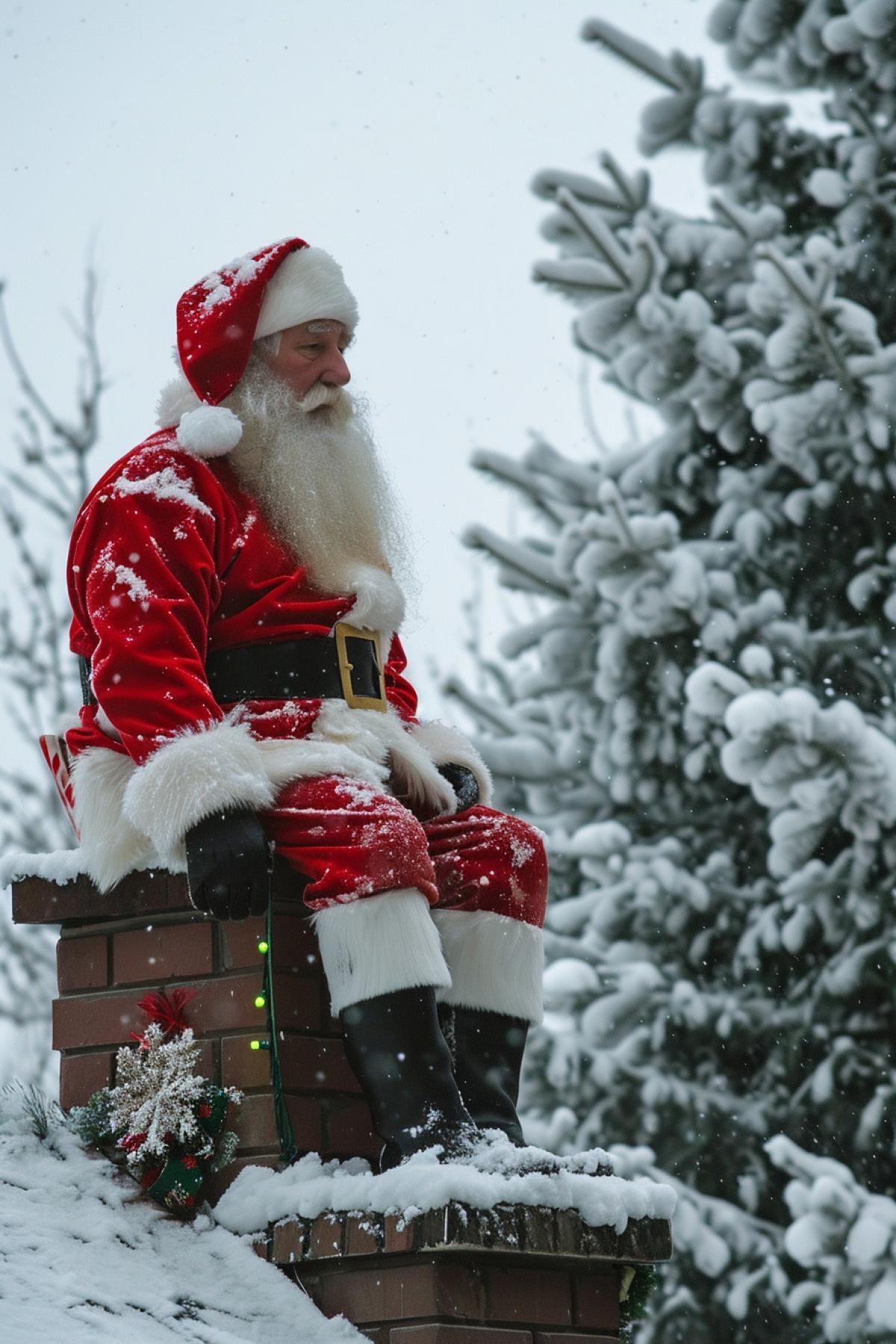Christmas. On the roof of the house there is a toilet in the shape of a chimney. Santa Claus is sitting on toilet.
