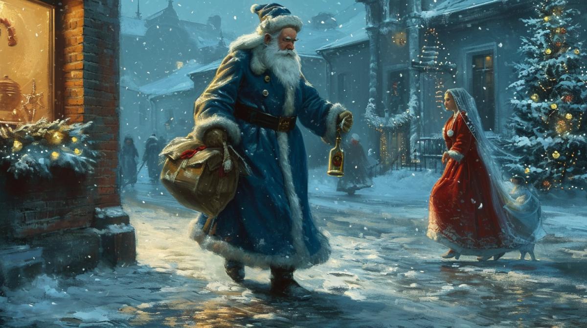A tired Santa Claus, dressed in a blue coat that reaches the ground, walks along the morning New Years street and drags an empty bag of gifts along the ground behind him, holding an empty bottle in his other hand. The Snow Maiden is walking nearby.