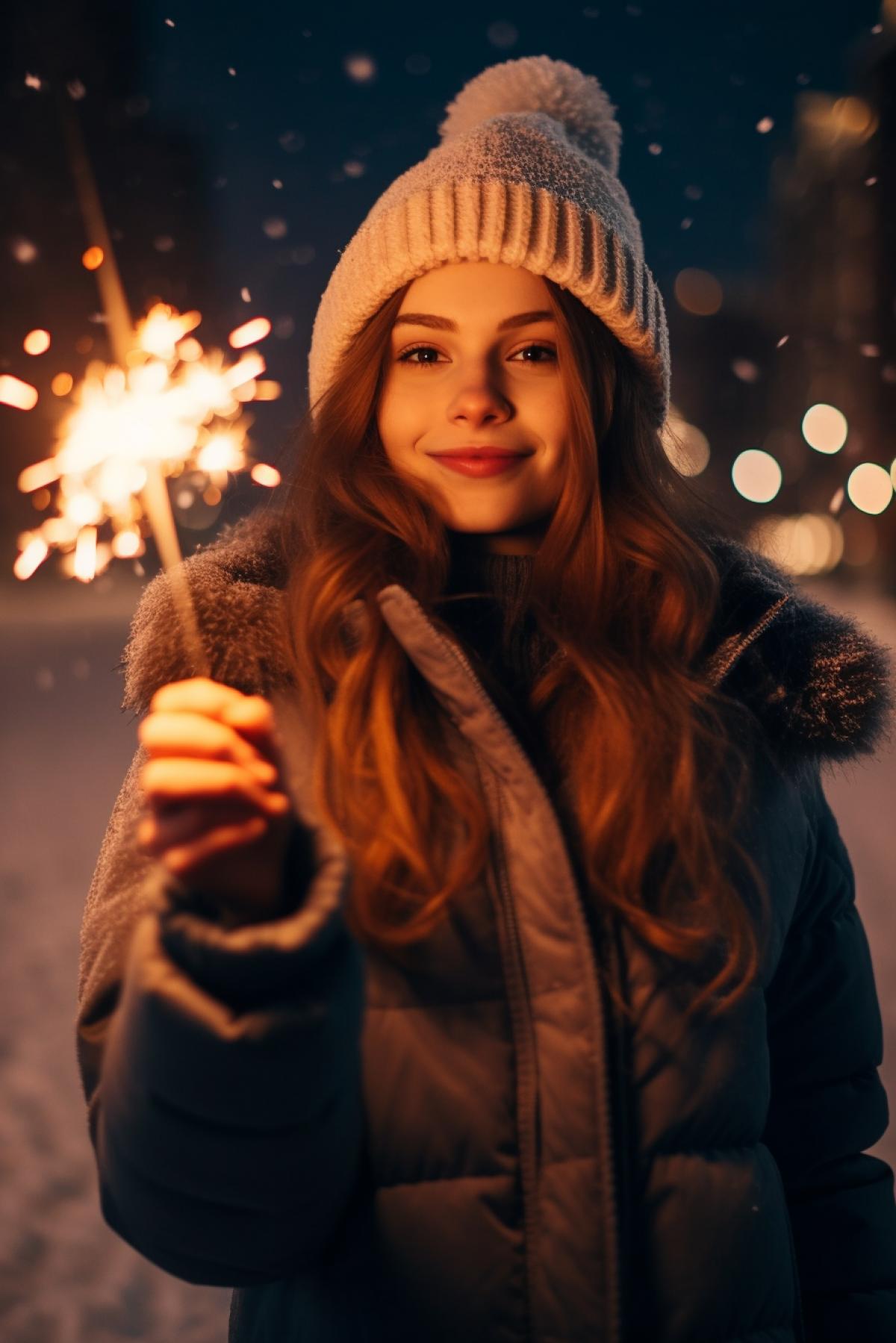 The girl holds sparklers in her hands and celebrates the New Year🎇🎇🎇