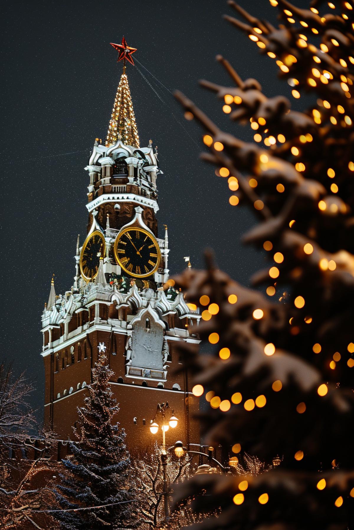 New years night. The chimes on the Kremlins Spasskaya Tower show midnight.