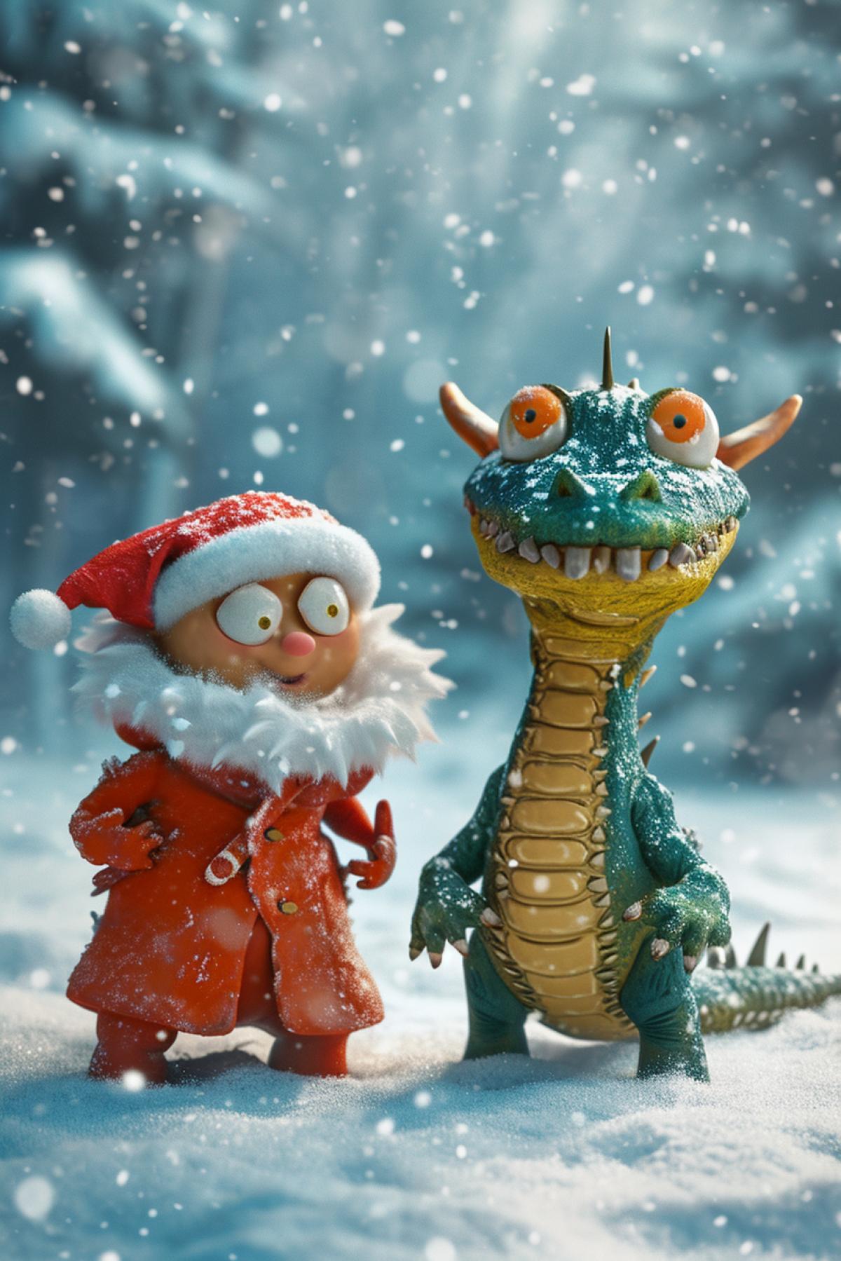 Crocodile Gena in a funny New Years dragon costume and Cheburashka in a Santa Claus costume stand next to each other against the backdrop of a winter forest covered with snow. Its snowing lightly. Animation style. Bright colors. The background is a little blurry.
