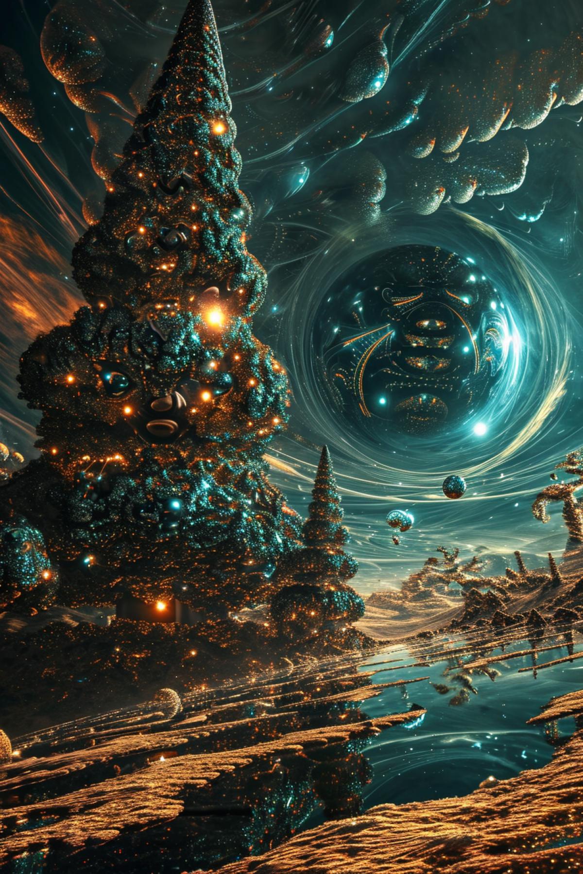 New Year on another planet. parallel dimension, holiday, Christmas tree, distortion of reality