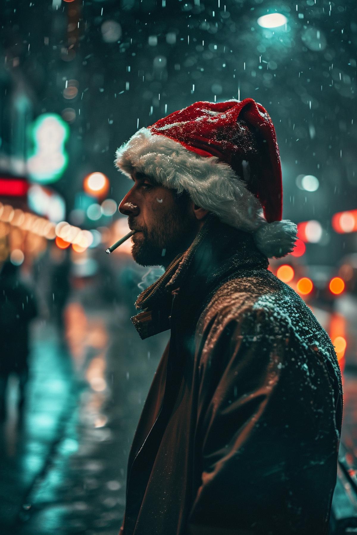 Sad guy in a Santa Claus hat, a cigarette in his mouth, tired look, rain, night, gray tones, walking along a gray street, atmosphere of hopelessness