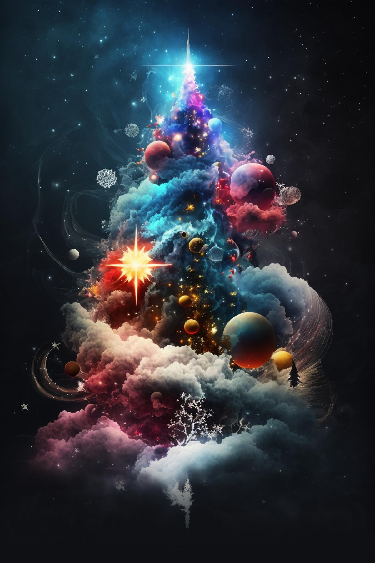 a fantastic cosmic nebula resembling a Christmas tree woven from fog, foggy Christmas tree decorations in the form of planets, moons, comets, asteroids, a lot of foggy streamers, foggy confetti, foggy tinsel, snowflakes, the most festive atmosphere