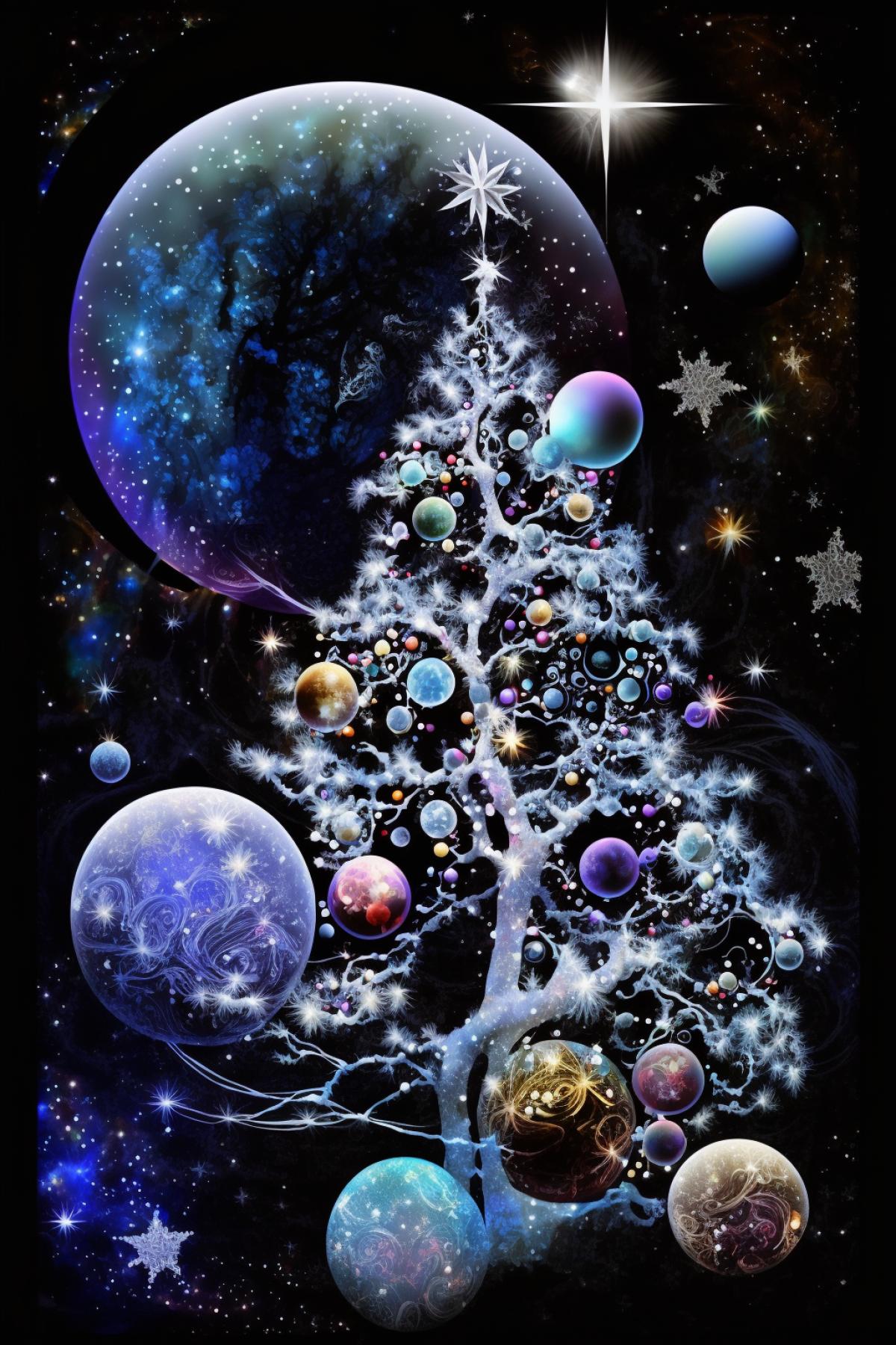 a fantastic cosmic nebula resembling a Christmas tree woven from fog, foggy Christmas tree decorations in the form of planets, moons, comets, asteroids, a lot of foggy streamers, foggy confetti, foggy tinsel, snowflakes, the most festive atmosphere