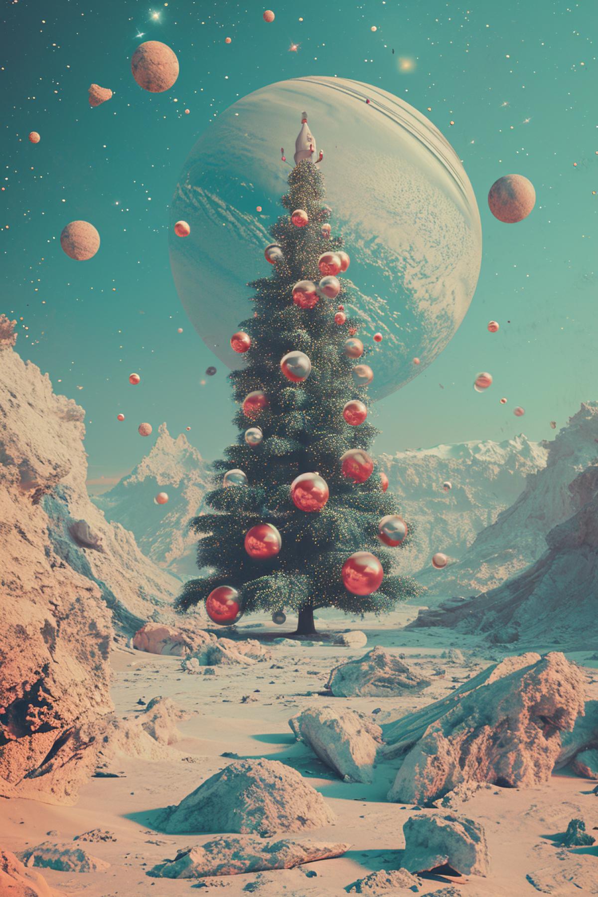 New Year on another planet. parallel dimension, holiday, Christmas tree, Santa Claus. reality distortion