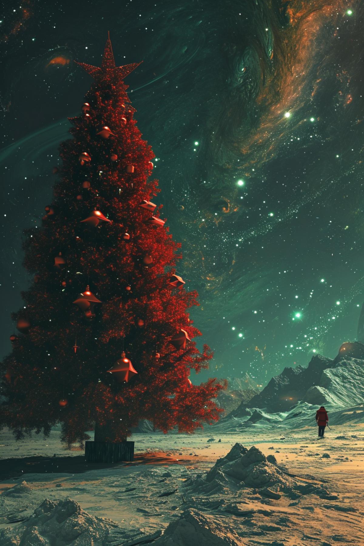 New Year on another planet. parallel dimension, holiday, Christmas tree, Santa Claus. reality distortion