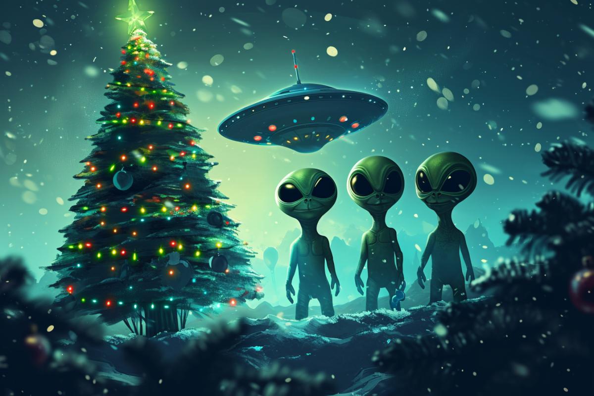Alien green aliens with dark large almond-shaped eyes around a Christmas tree and a UFO. New Years atmosphere illustration