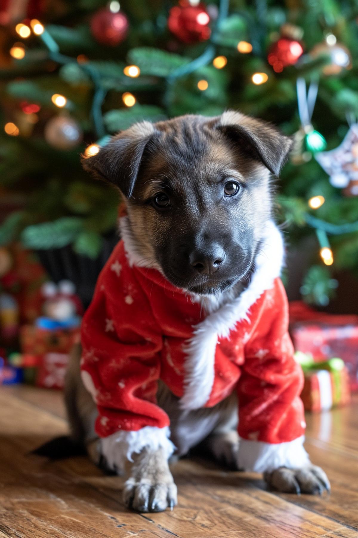 Photorealistic image, full portrait of a dolmatine puppy in Christmas costume, cute and festive, with a Christmas tree decorated with toys and lights in the background