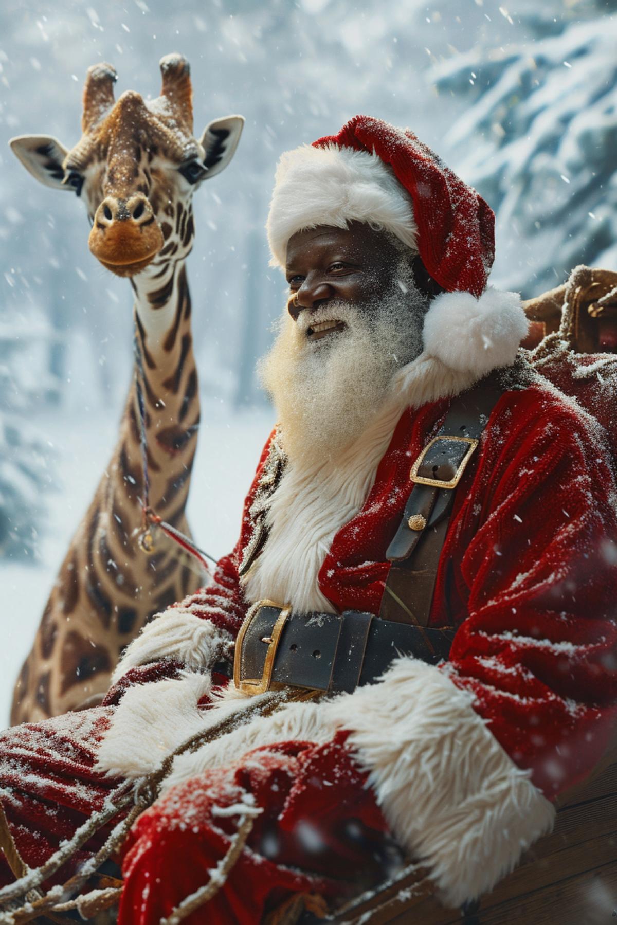 African-American Santa in a giraffe sleigh.