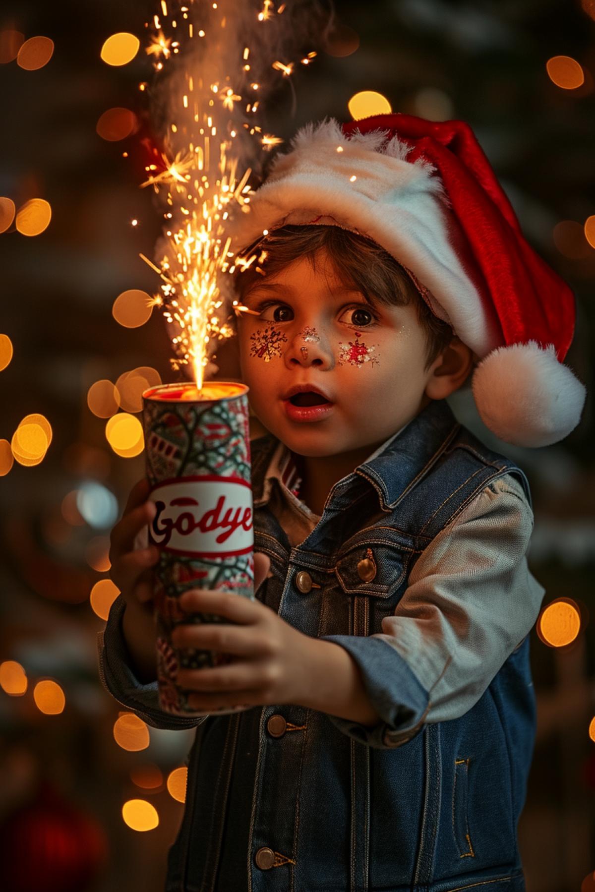 A little boy in a Santa hat with excitement in his eyes lights the wick of a huge firecracker with the words \"Goodbye\" written on it.