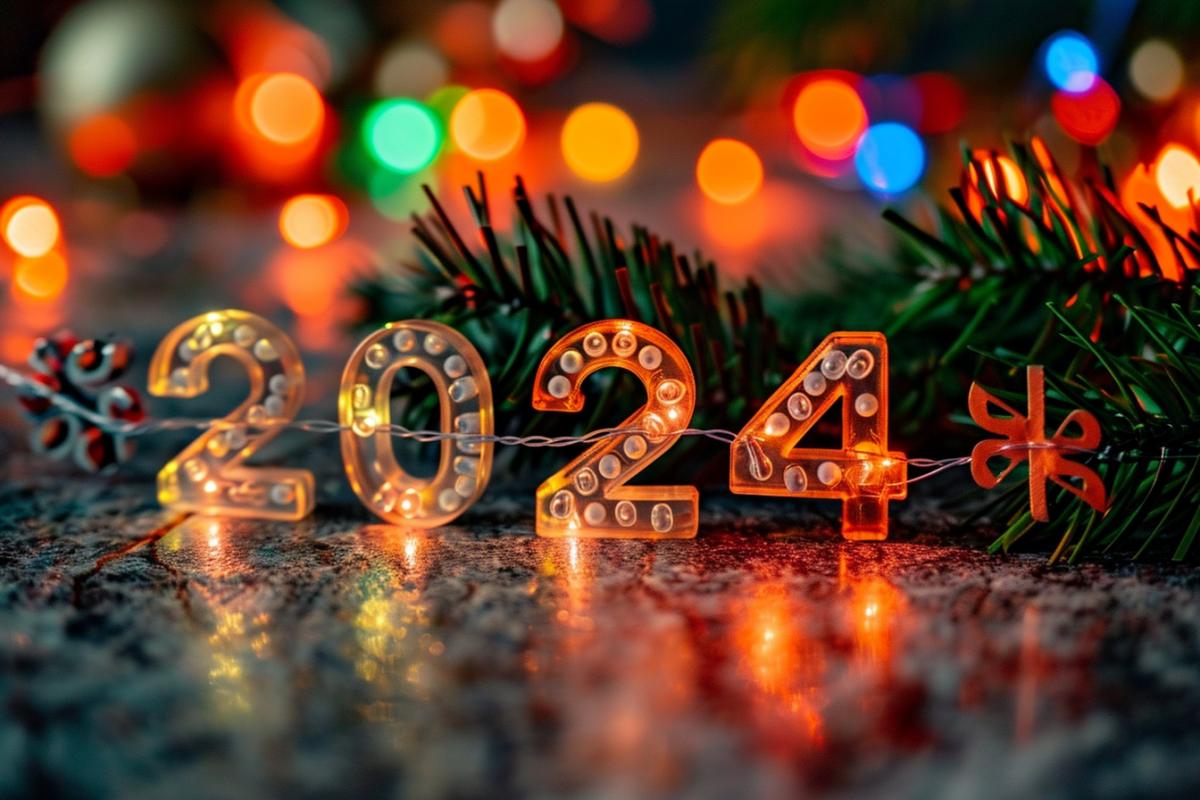 New Years garland contains the text \"2024\", multi-colored lights