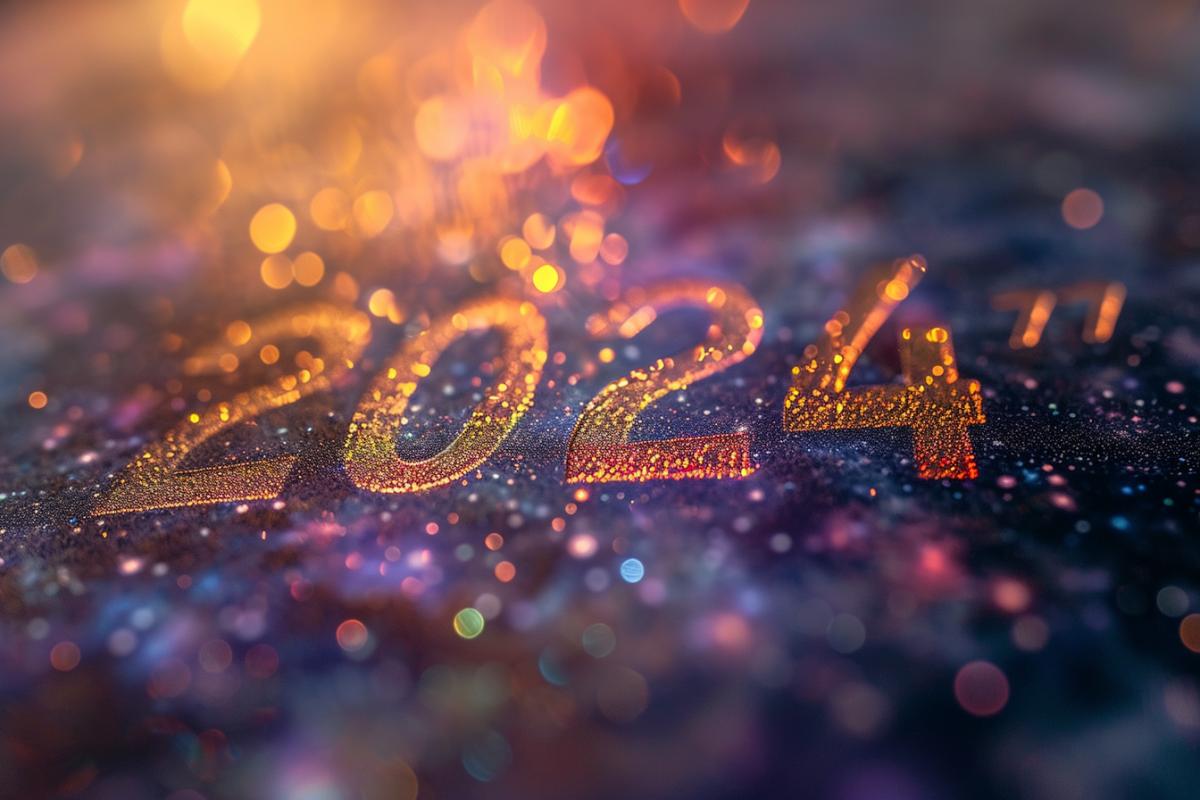Cosmic inscription in space \"2024\" galaxy inscription from cosmic fog backlight bright colors close-up