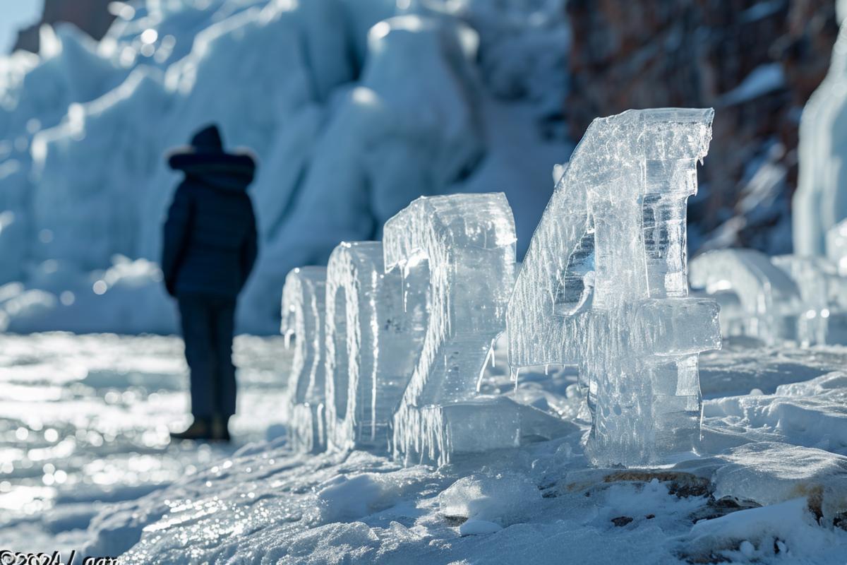 Big letters of pure ice forming text \"2024\"  on ice in front of sad handsome teenager deep heavy snow around