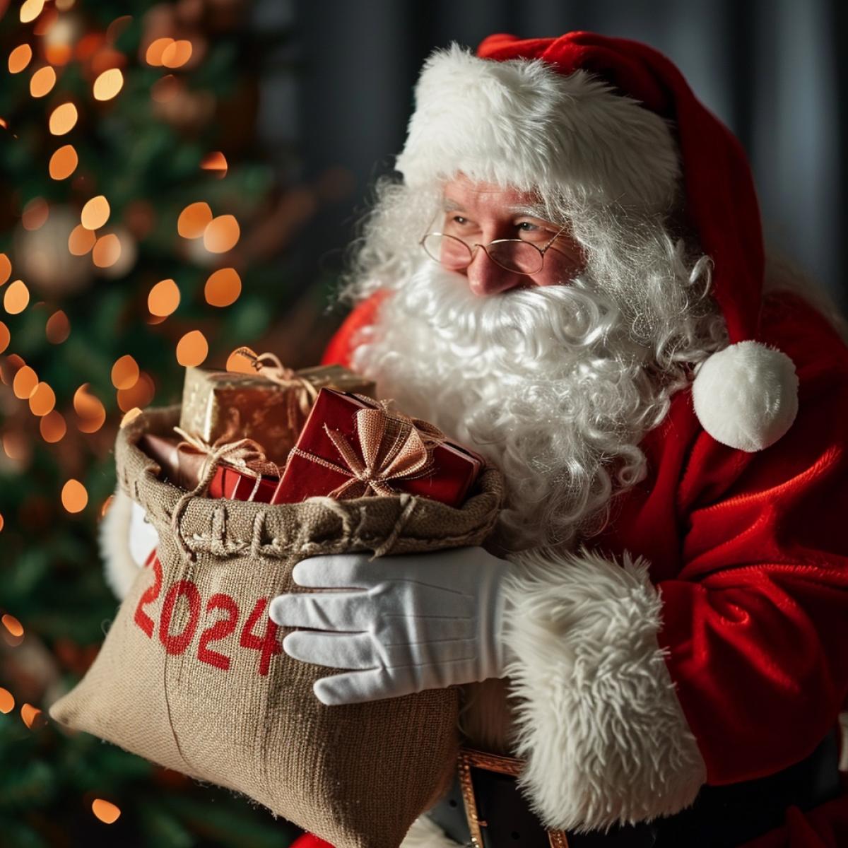 Santa Claus takes gifts from a bag with the inscription \"2024\"