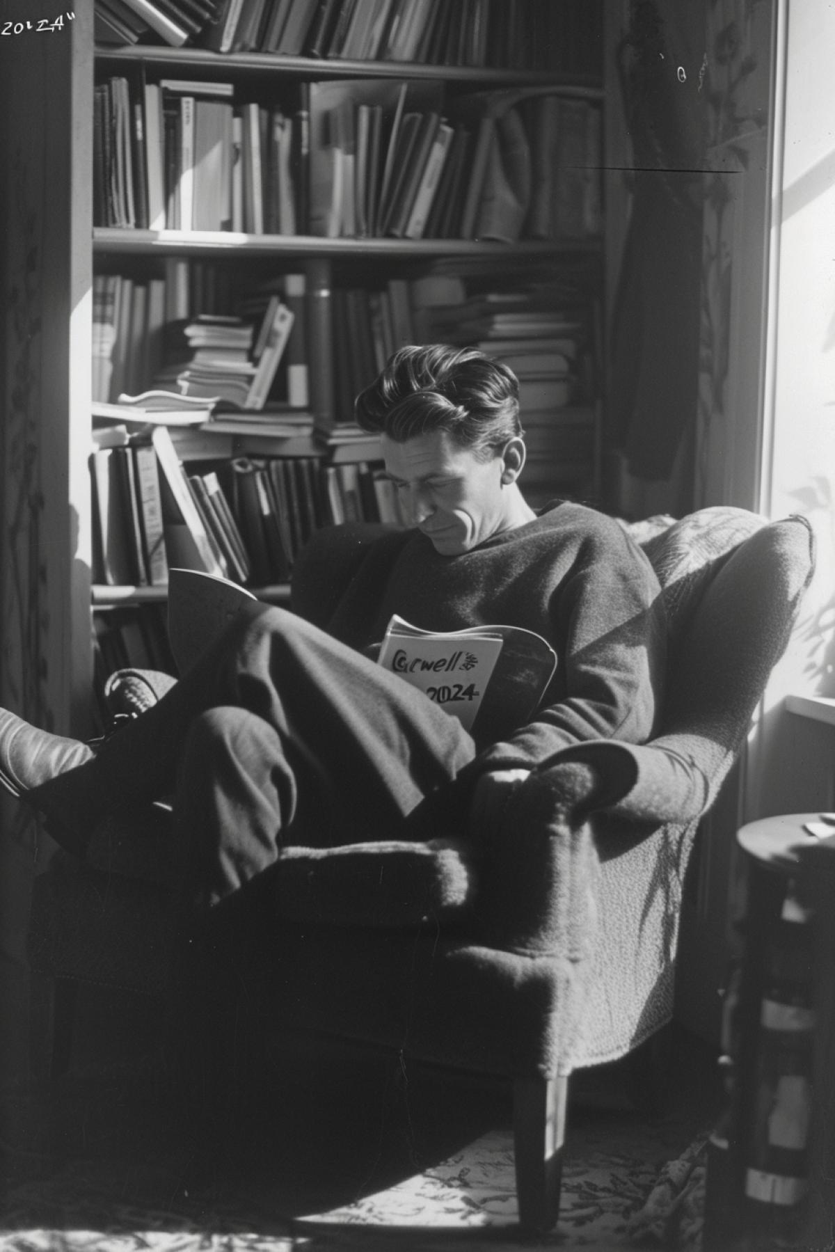 George Orwell in cosy armchair reading book title \"2024\" \"G.Orwell\"